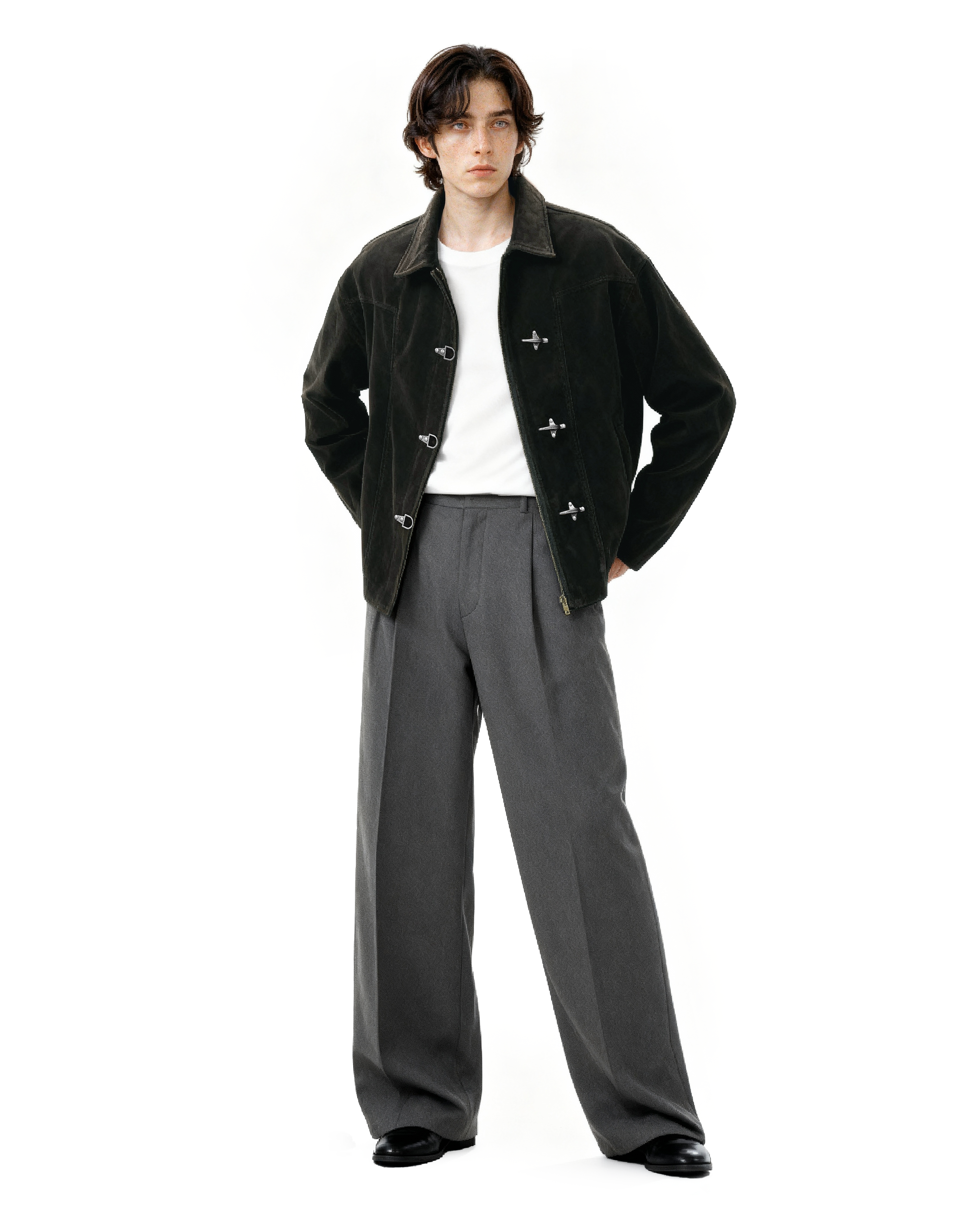 Fireman Buckle Faux Suede Mid-Crop Zip Jacket - nightcity clothing