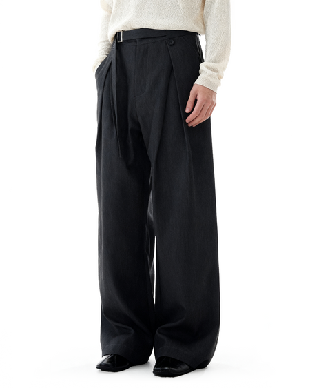 Wide-Leg Pleated Trousers With Wrap Waist Strap - nightcity clothing