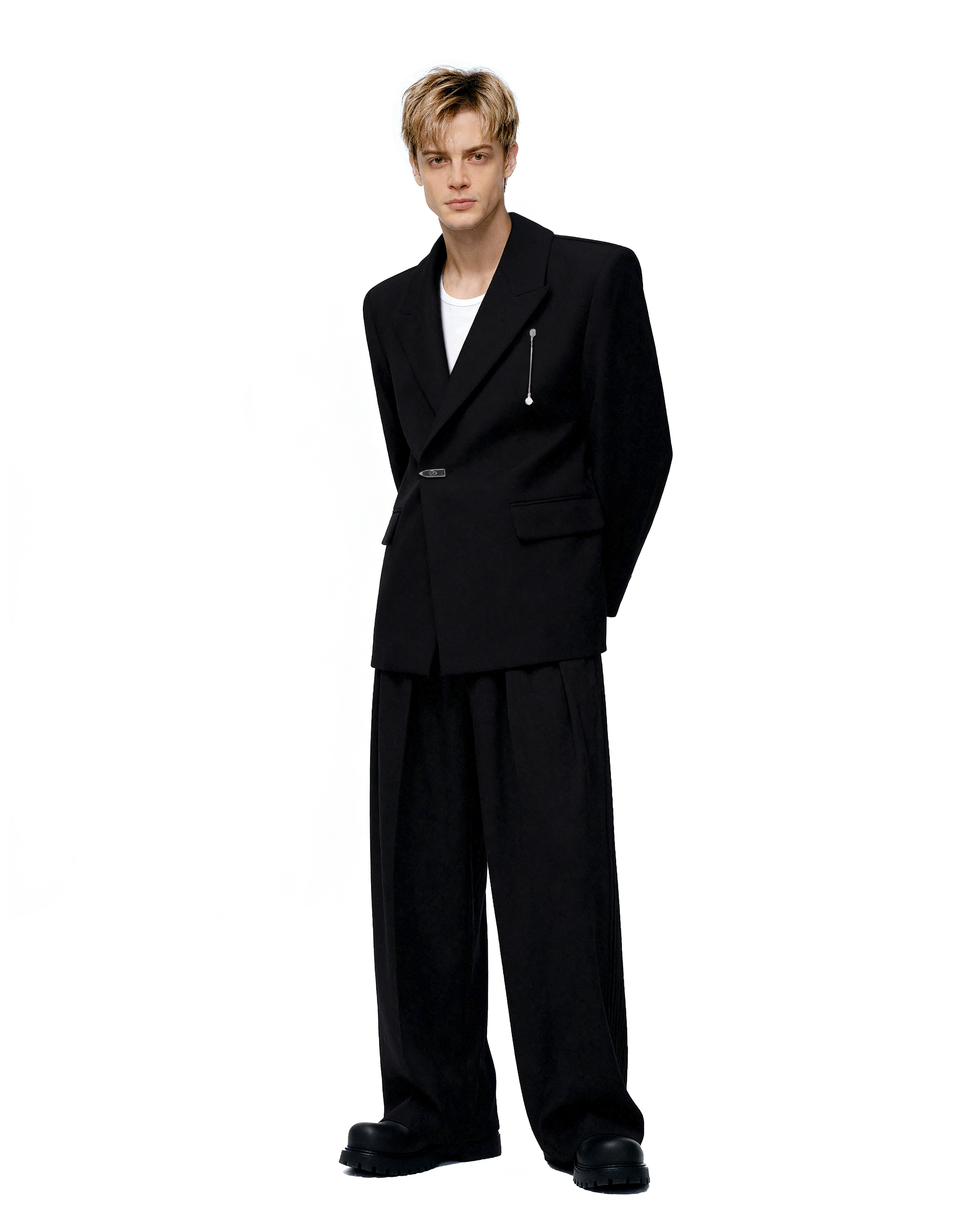 Oversized Peak Lapel Blazer with Metal Clasp Closure and Drop Pendant-8