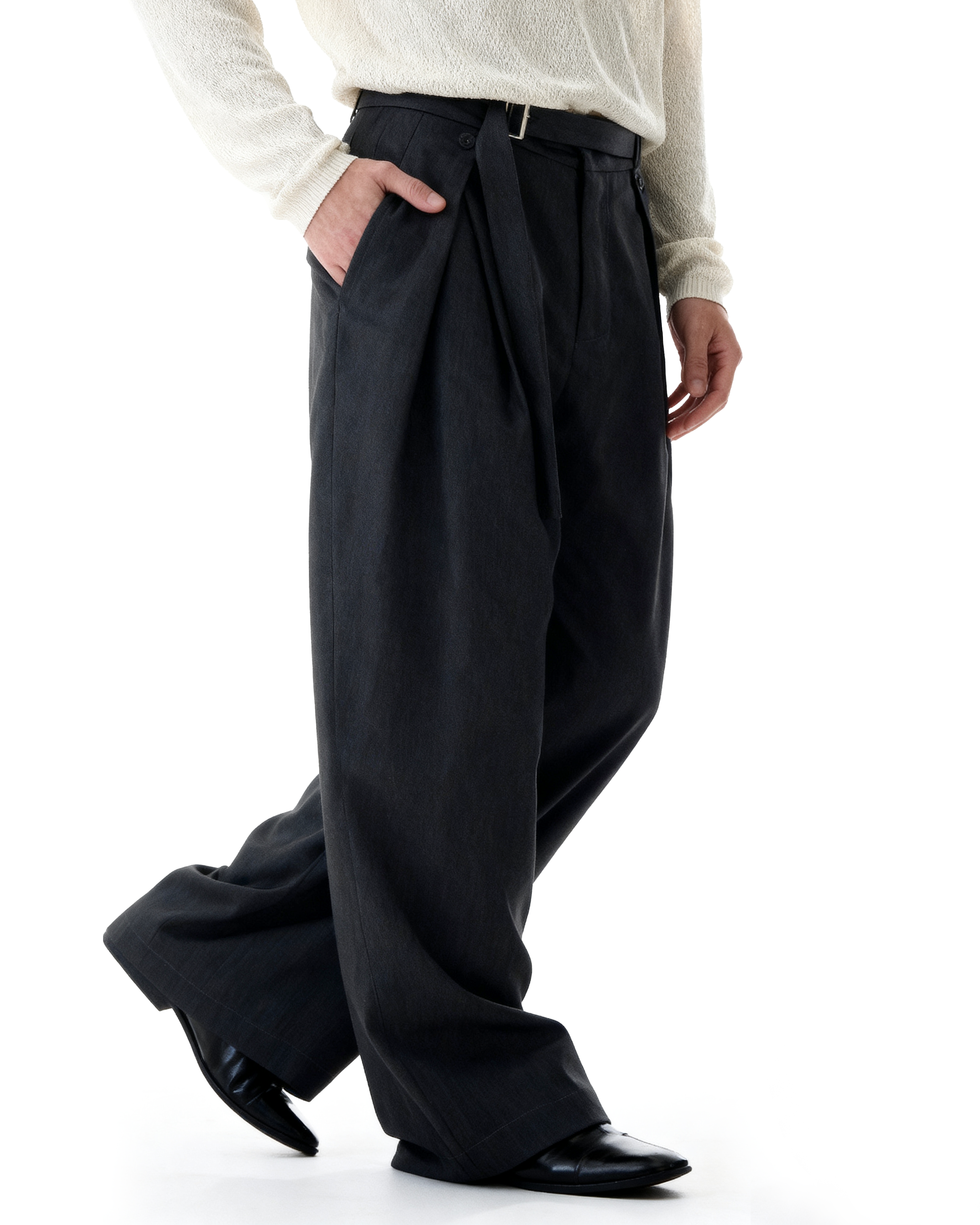Wide-Leg Pleated Trousers With Wrap Waist Strap - nightcity clothing