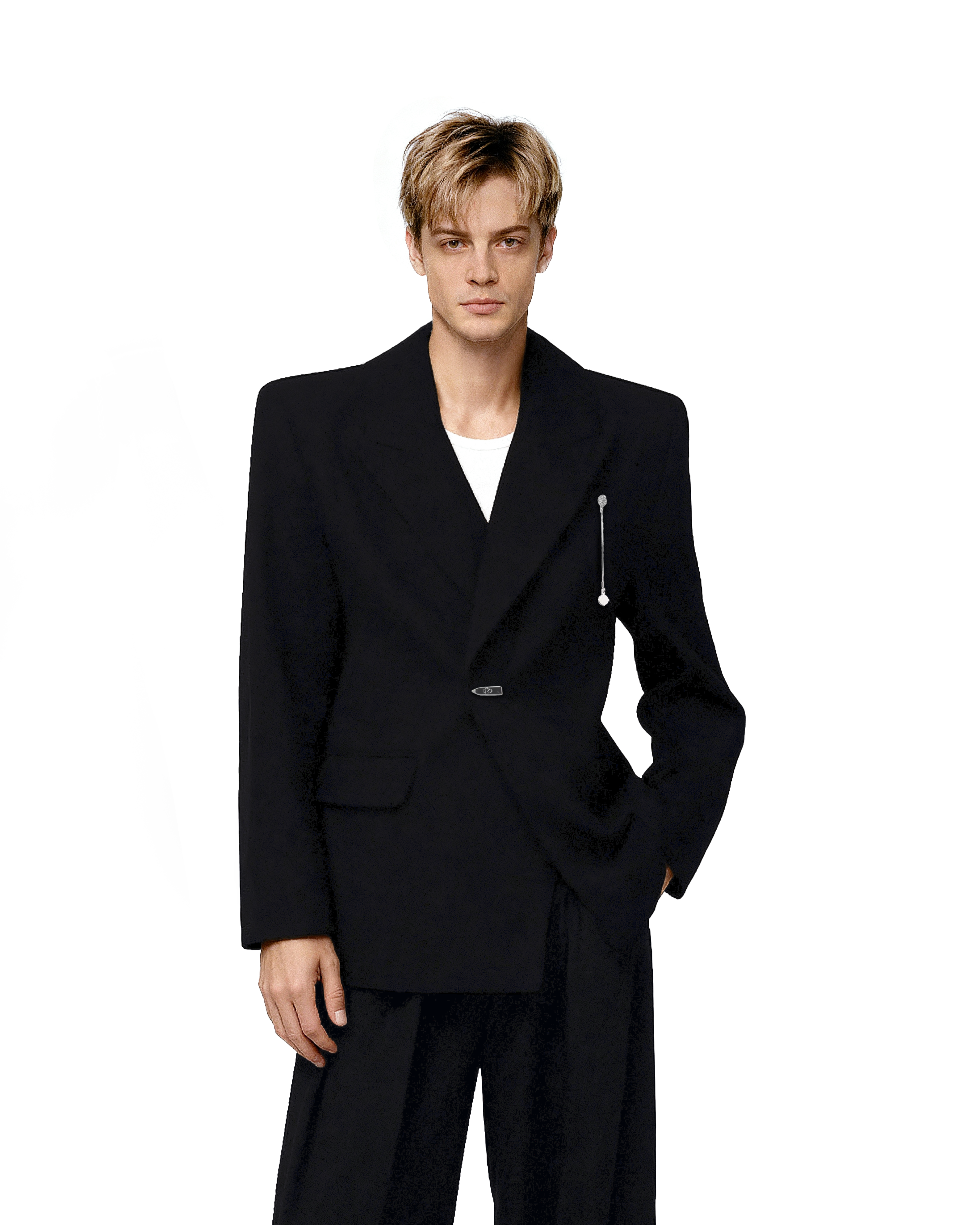 Oversized Peak Lapel Blazer with Metal Clasp Closure and Drop Pendant-1