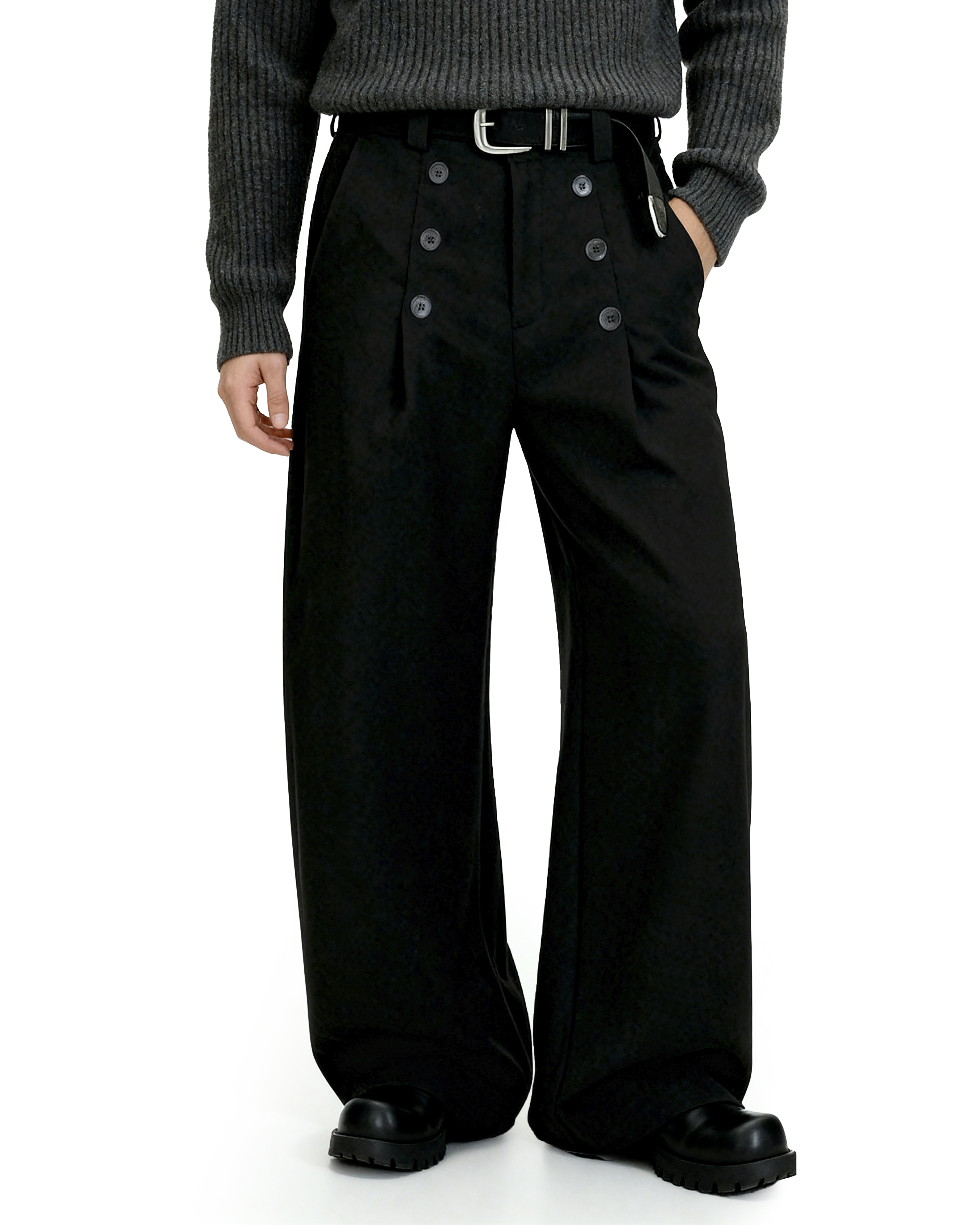 High-Waisted Pleated Wide Leg Trousers with Button Details-7