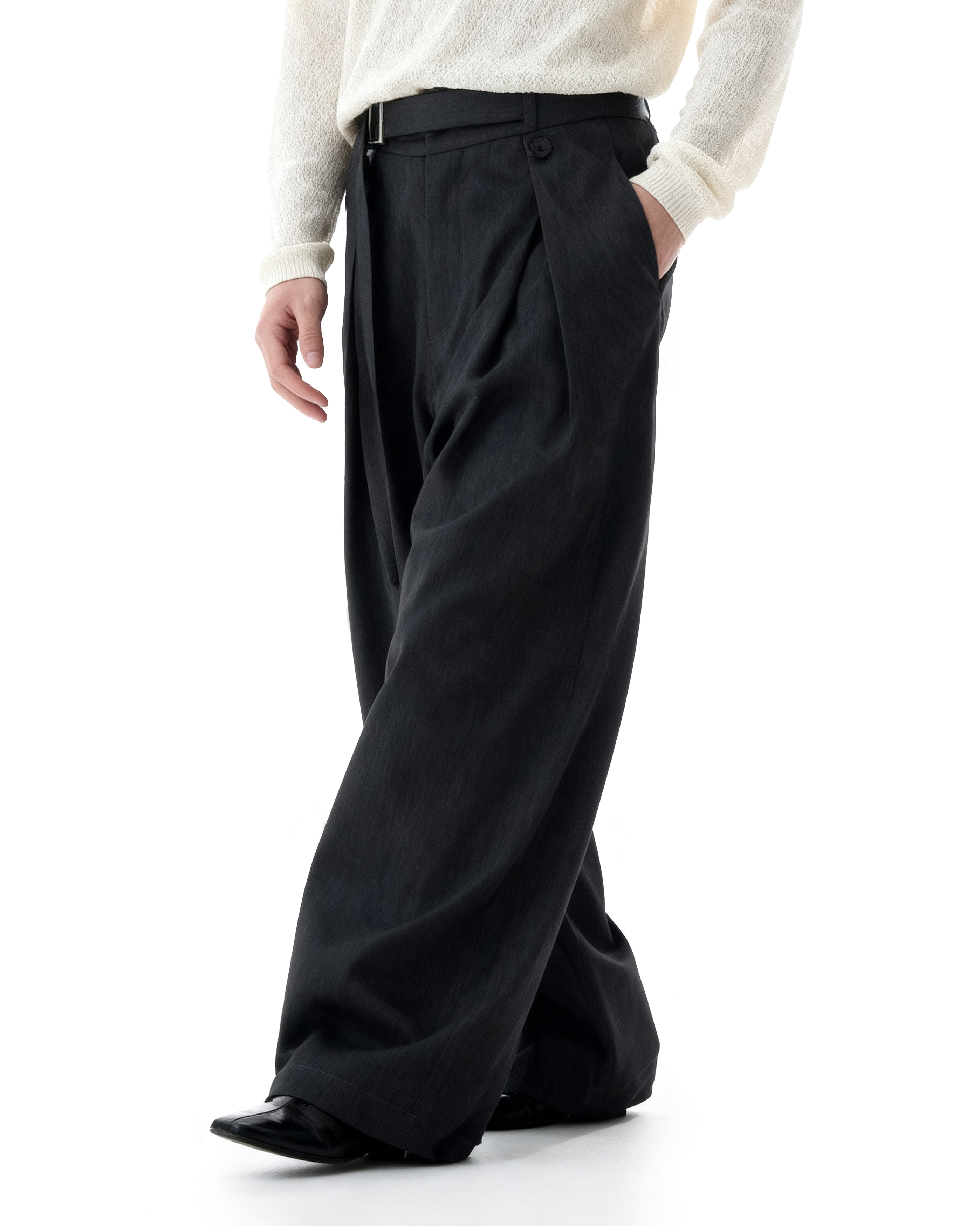 Wide-Leg Pleated Trousers With Wrap Waist Strap - nightcity clothing