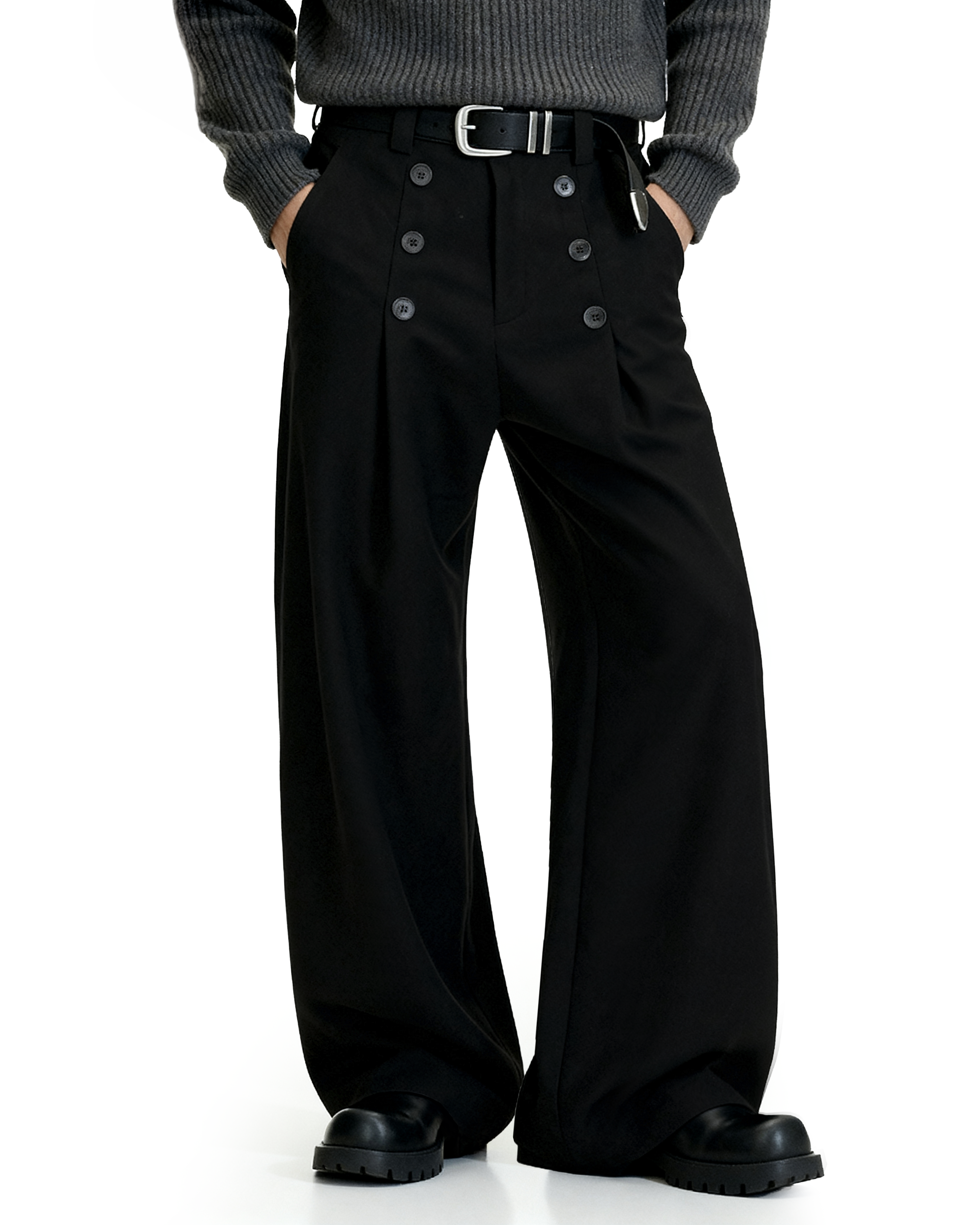 High-Waisted Pleated Wide Leg Trousers with Button Details-8
