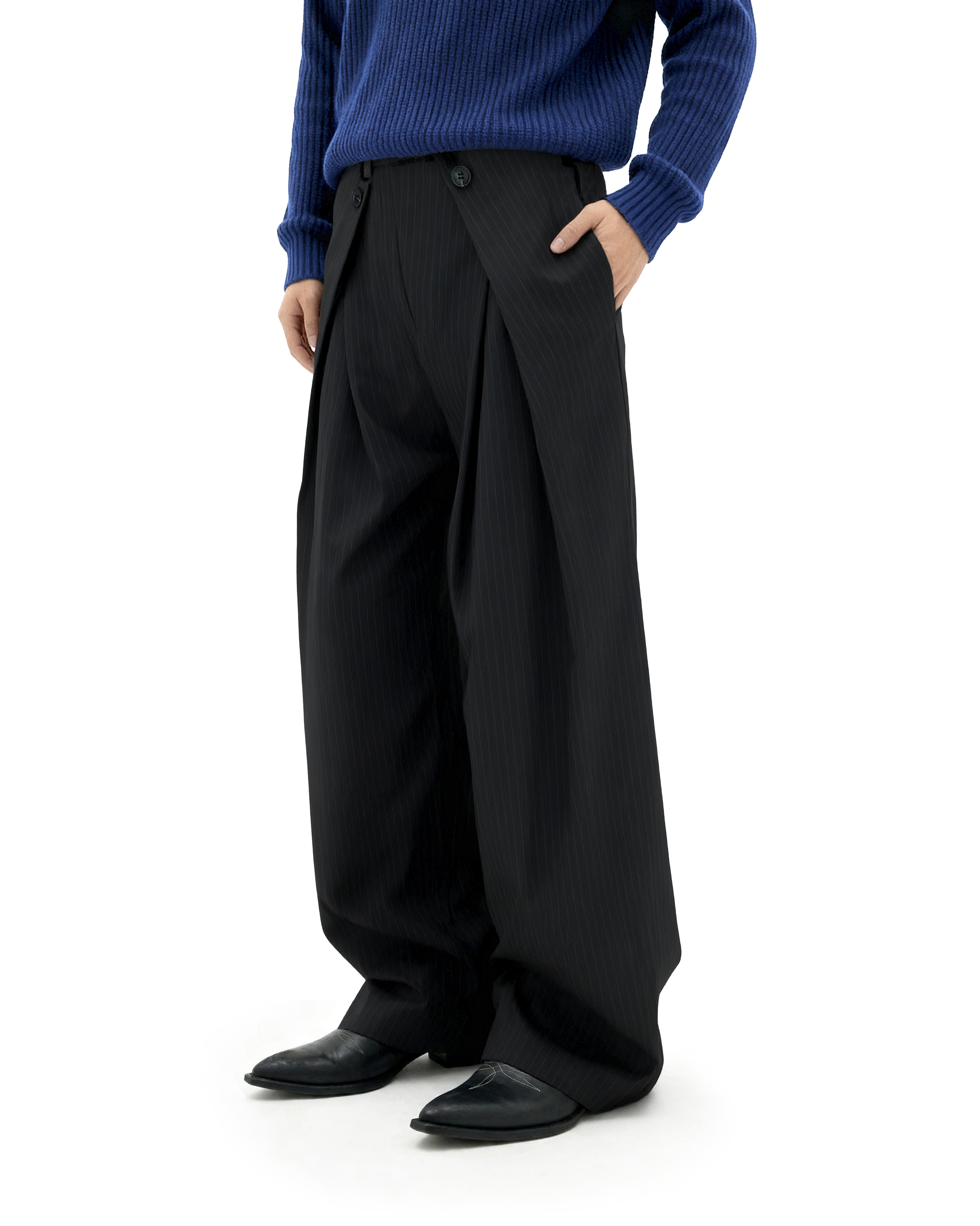 Wide Leg Pinstripe Draped Double-Pleated Trousers - nightcity clothing