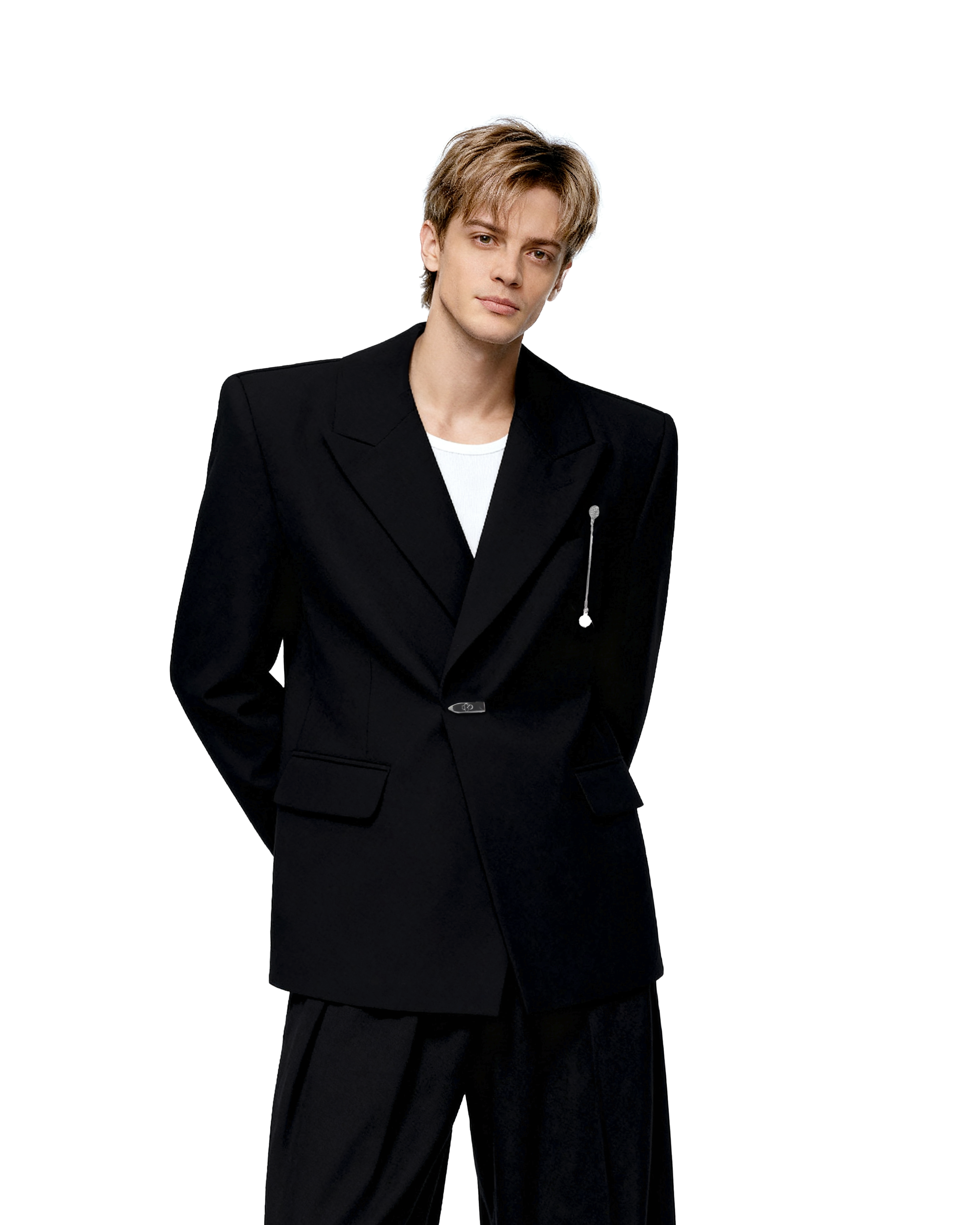 Oversized Peak Lapel Blazer with Metal Clasp Closure and Drop Pendant-2