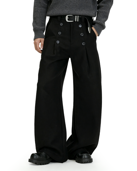 High-Waisted Pleated Wide Leg Trousers with Button Details