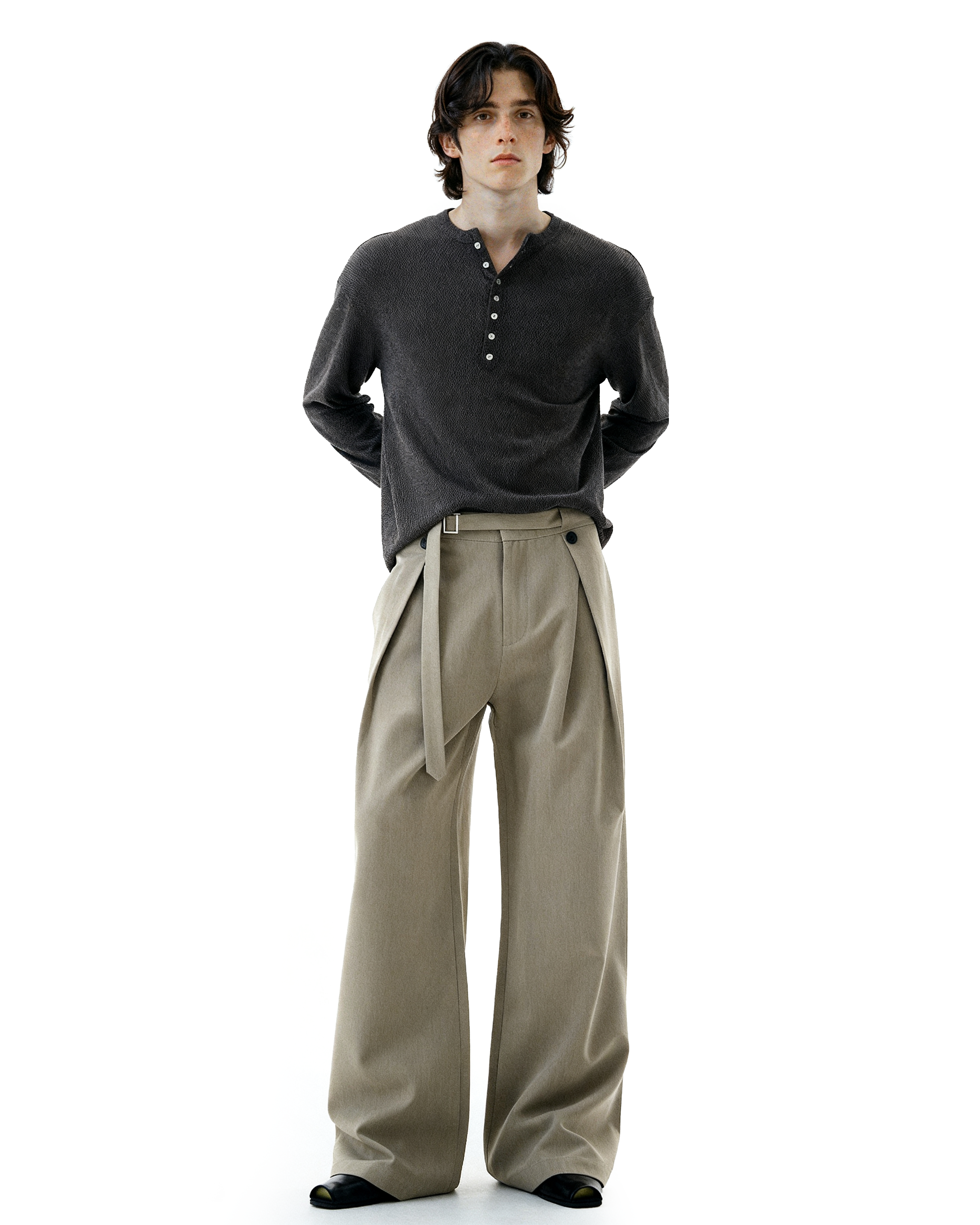 Wide-Leg Pleated Trousers With Wrap Waist Strap - nightcity clothing