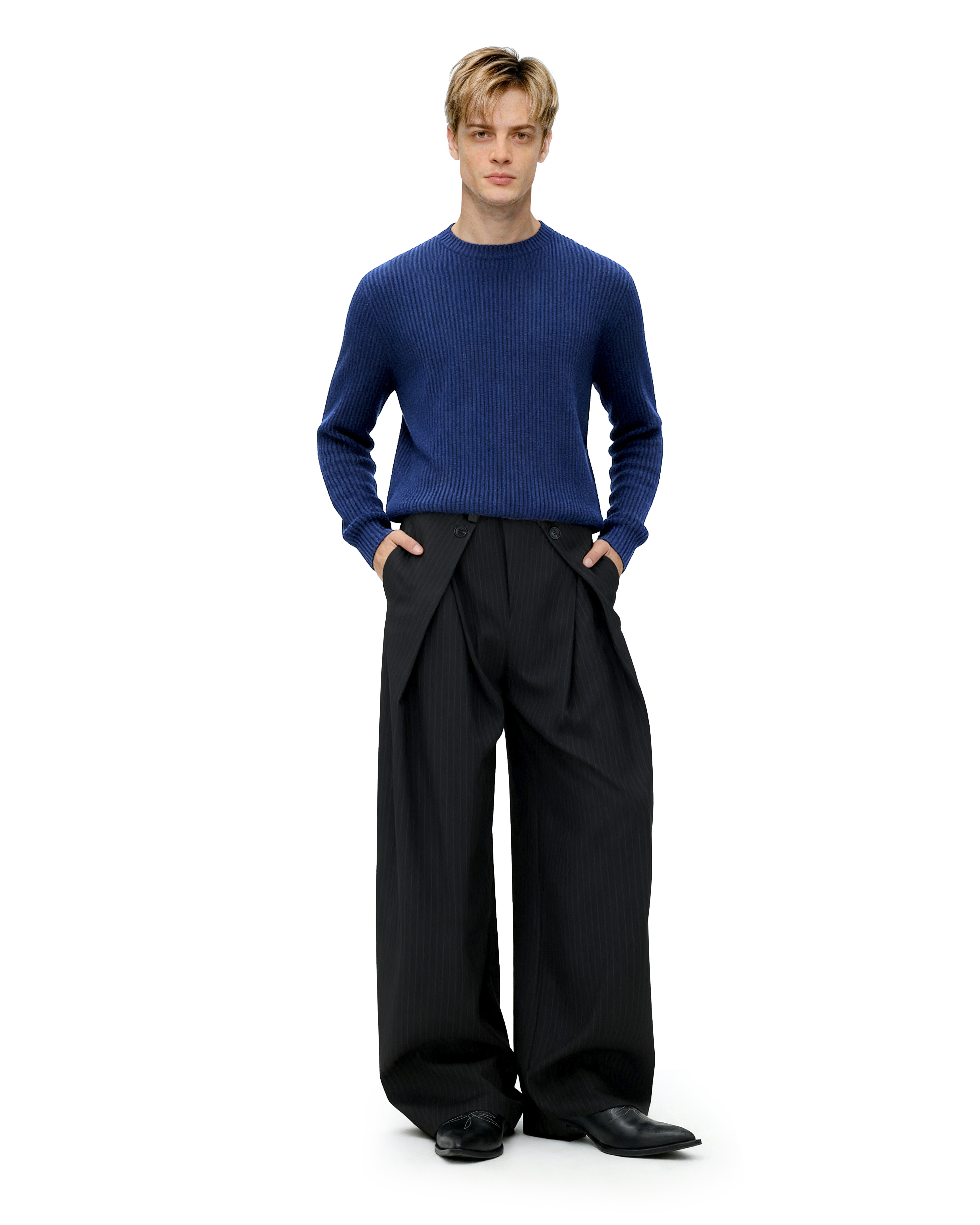 Wide Leg Pinstripe Draped Double-Pleated Trousers - nightcity clothing