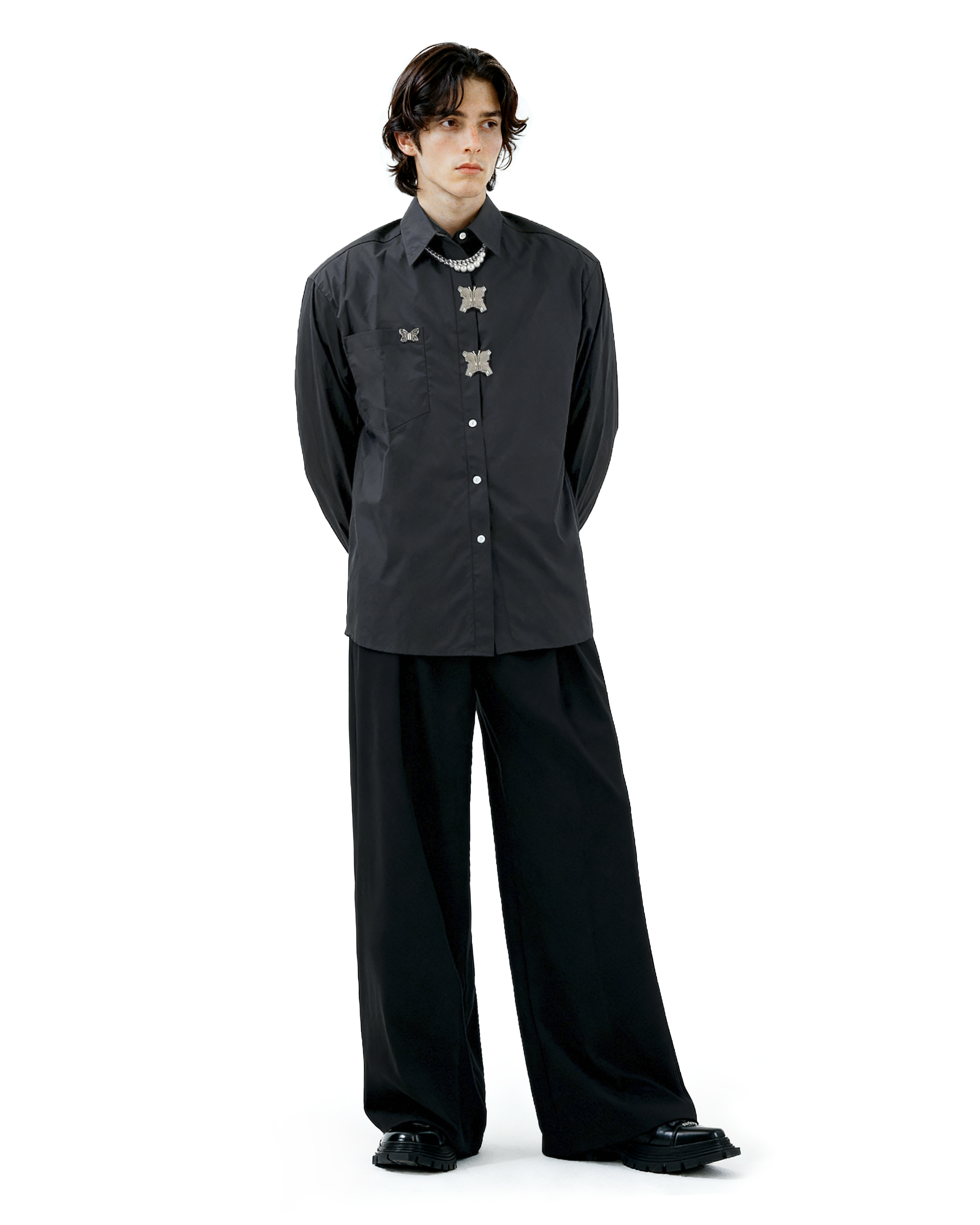 Oversized Shirt with Metallic Brooch Accents - nightcity clothing