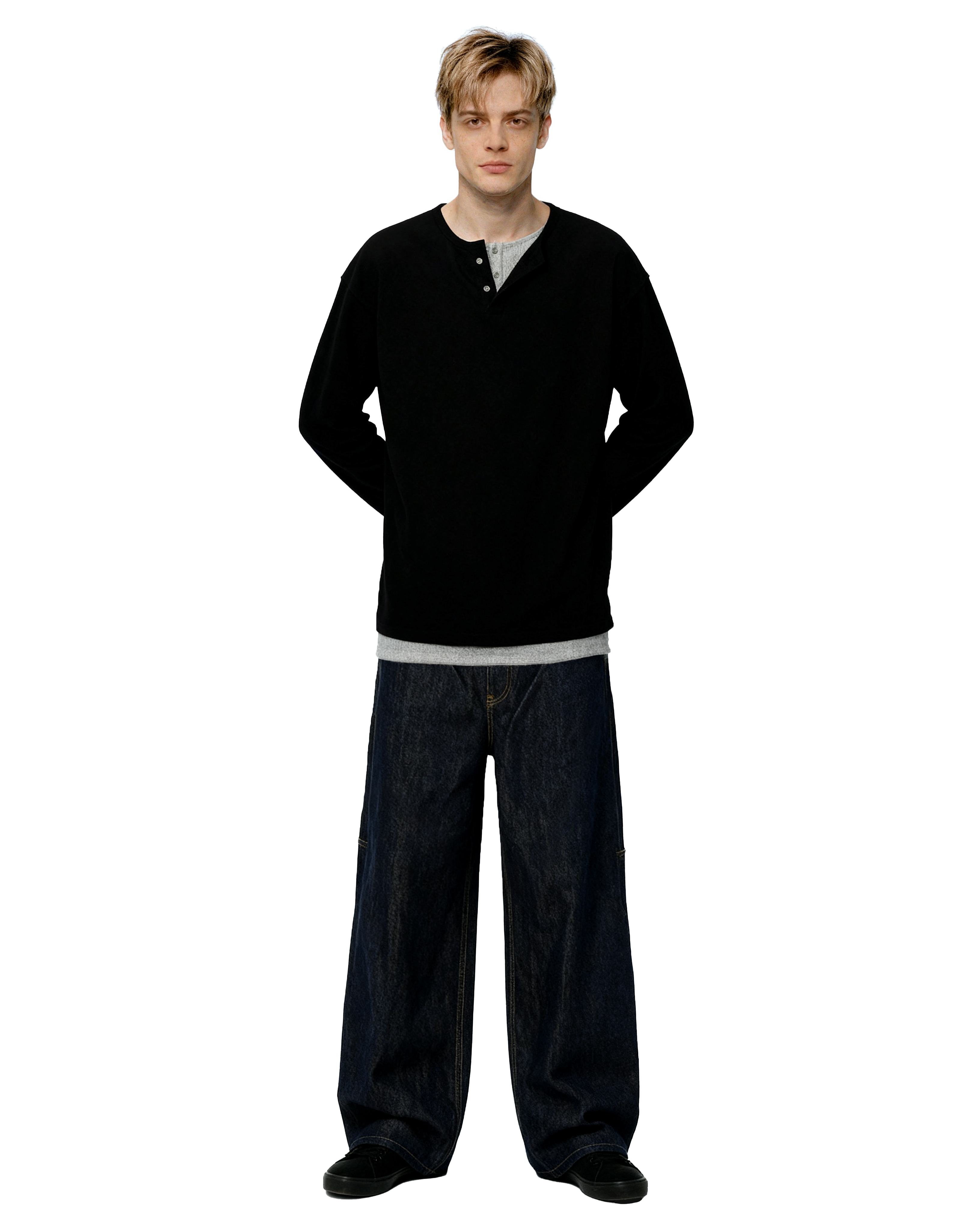 Oversized Mock-Layered Ribbed Knit Henley Top-14