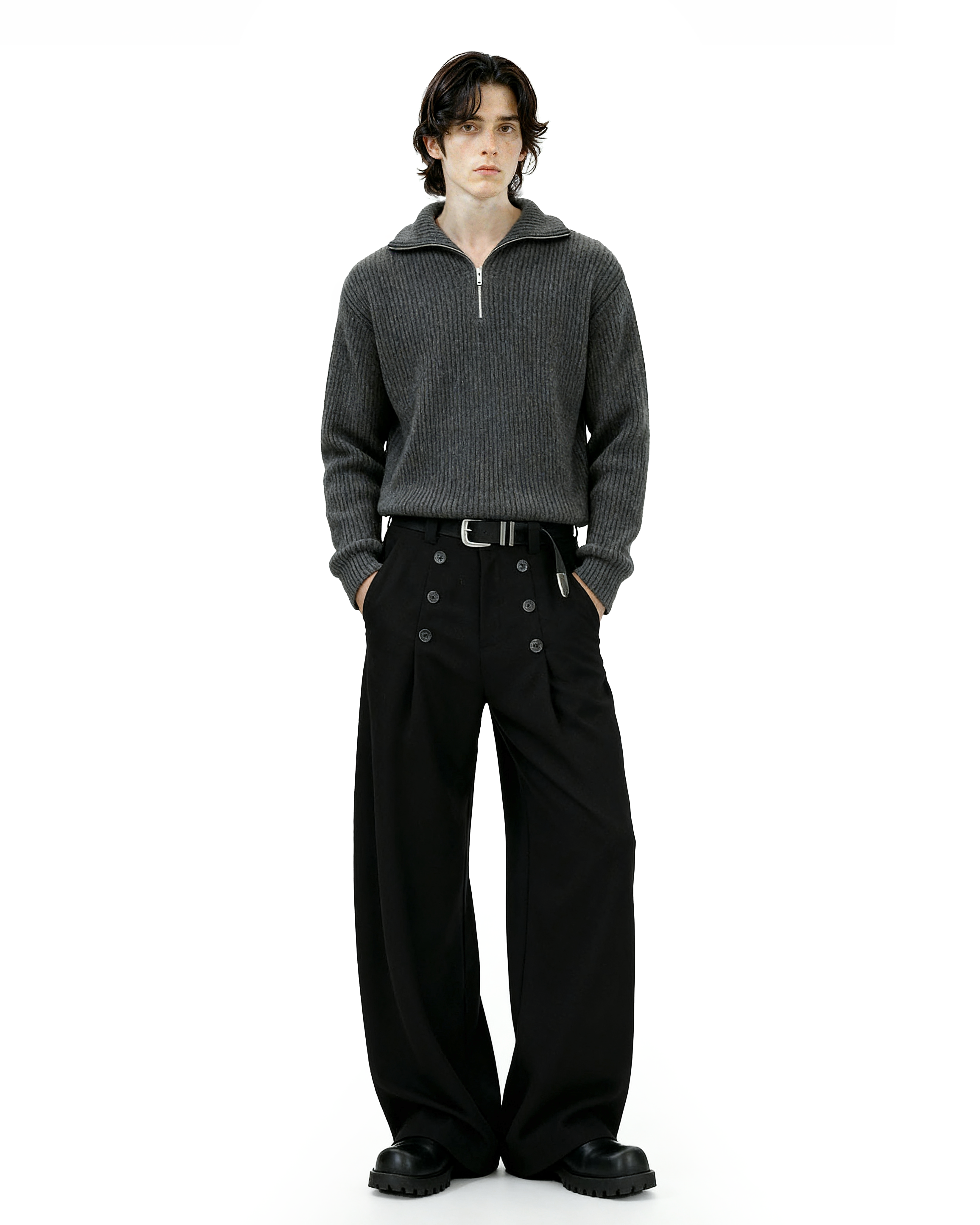 High-Waisted Pleated Wide Leg Trousers with Button Details-12