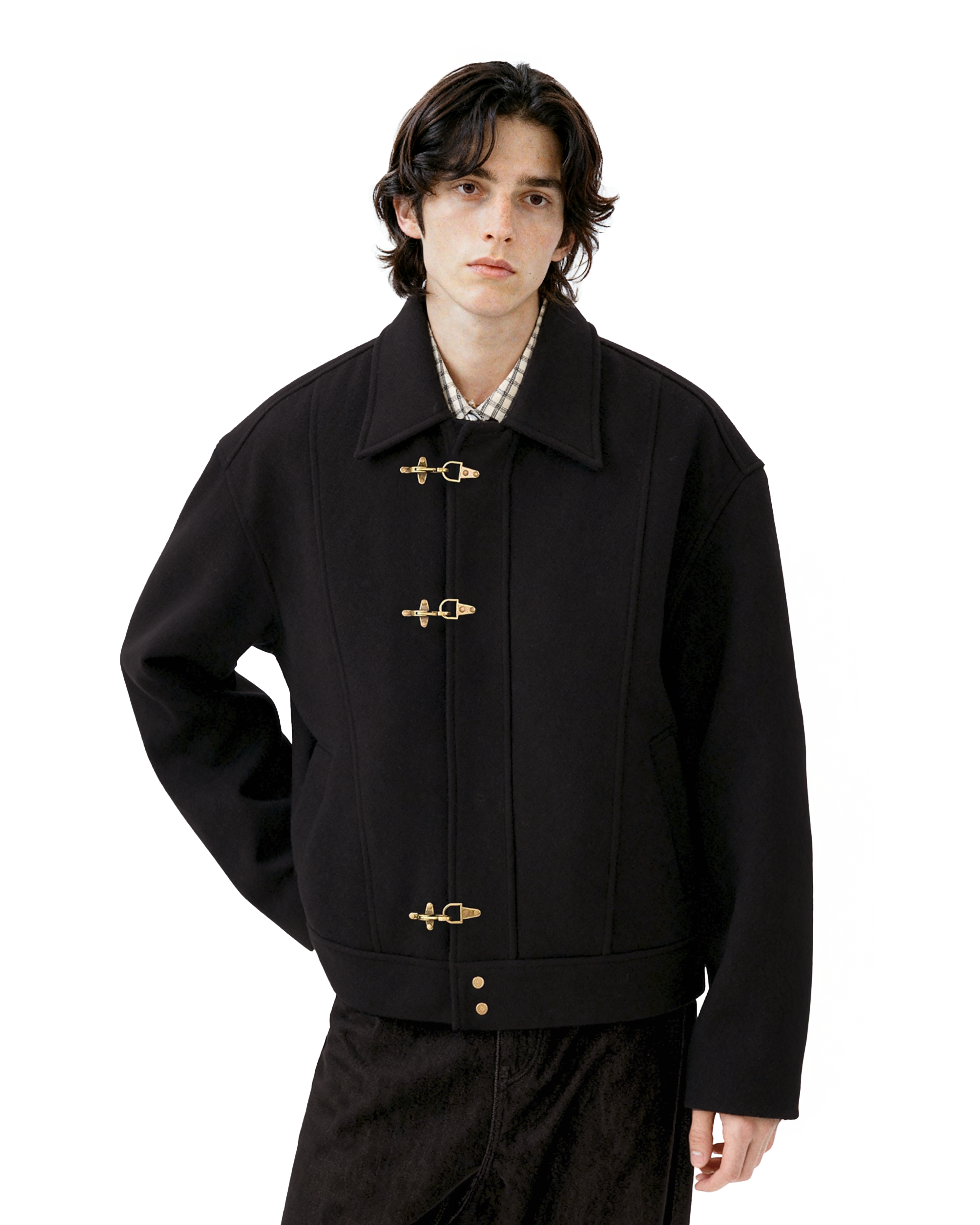 Wool-Blend Drop Shoulder Fireman Clasp Collared Jacket - nightcity clothing