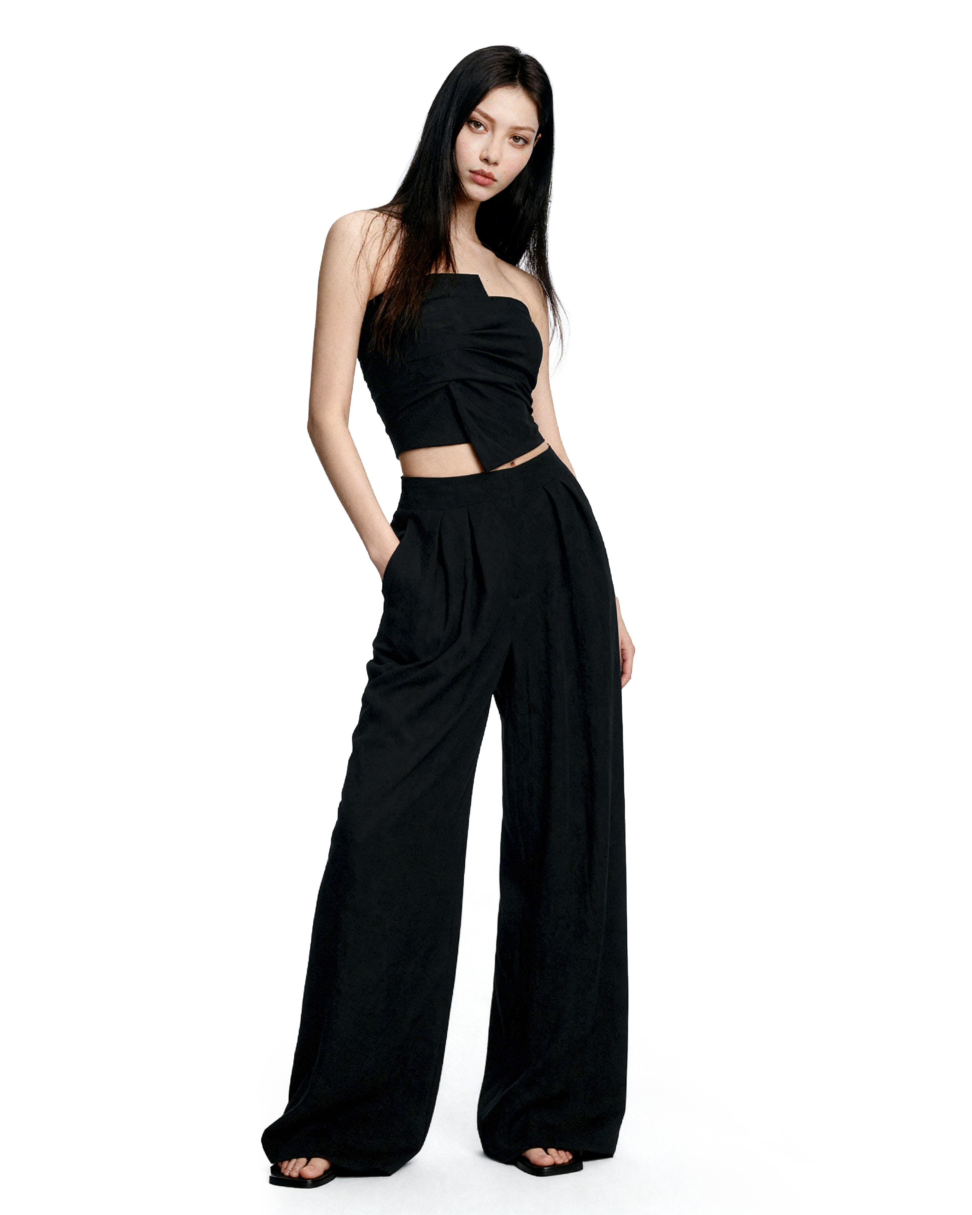 Strapless Asymmetric Top and Wide Leg Pleated Pant Two-Piece Set - nightcity clothing