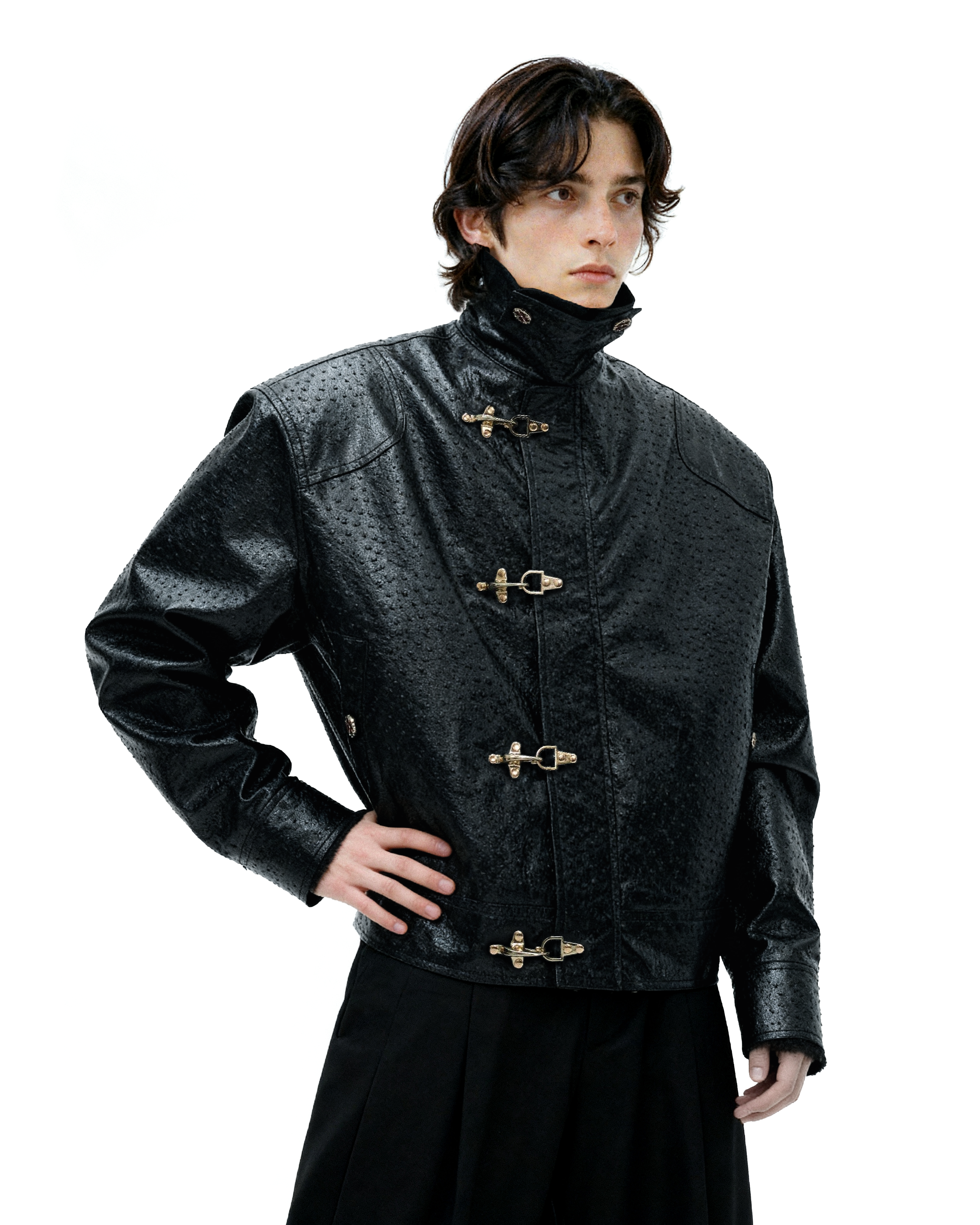 Faux Leather Textured Fireman-Clasp Boxy Jacket - nightcity clothing