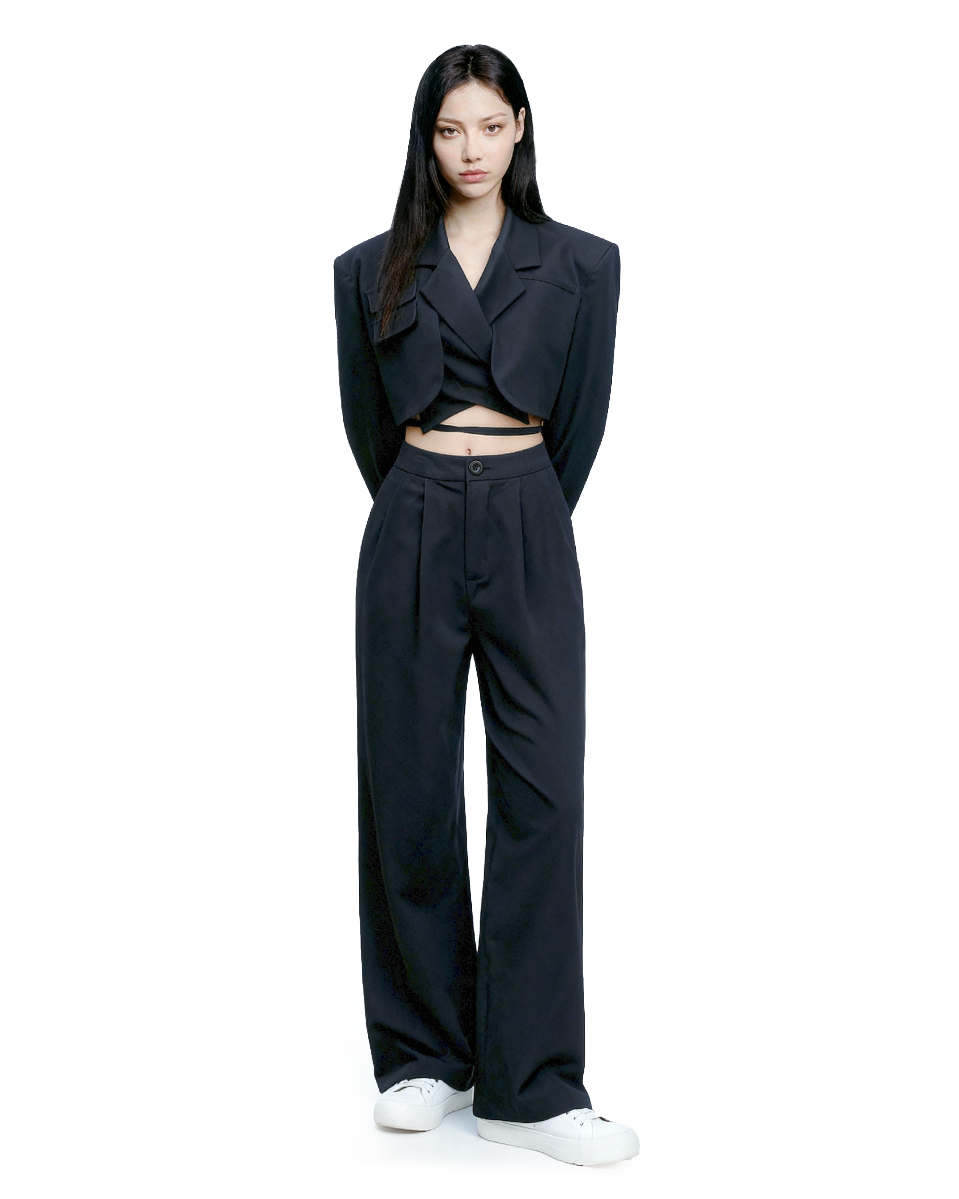 Slim Cropped Blazer with Rounded Hem Two-Piece Suit Set-10