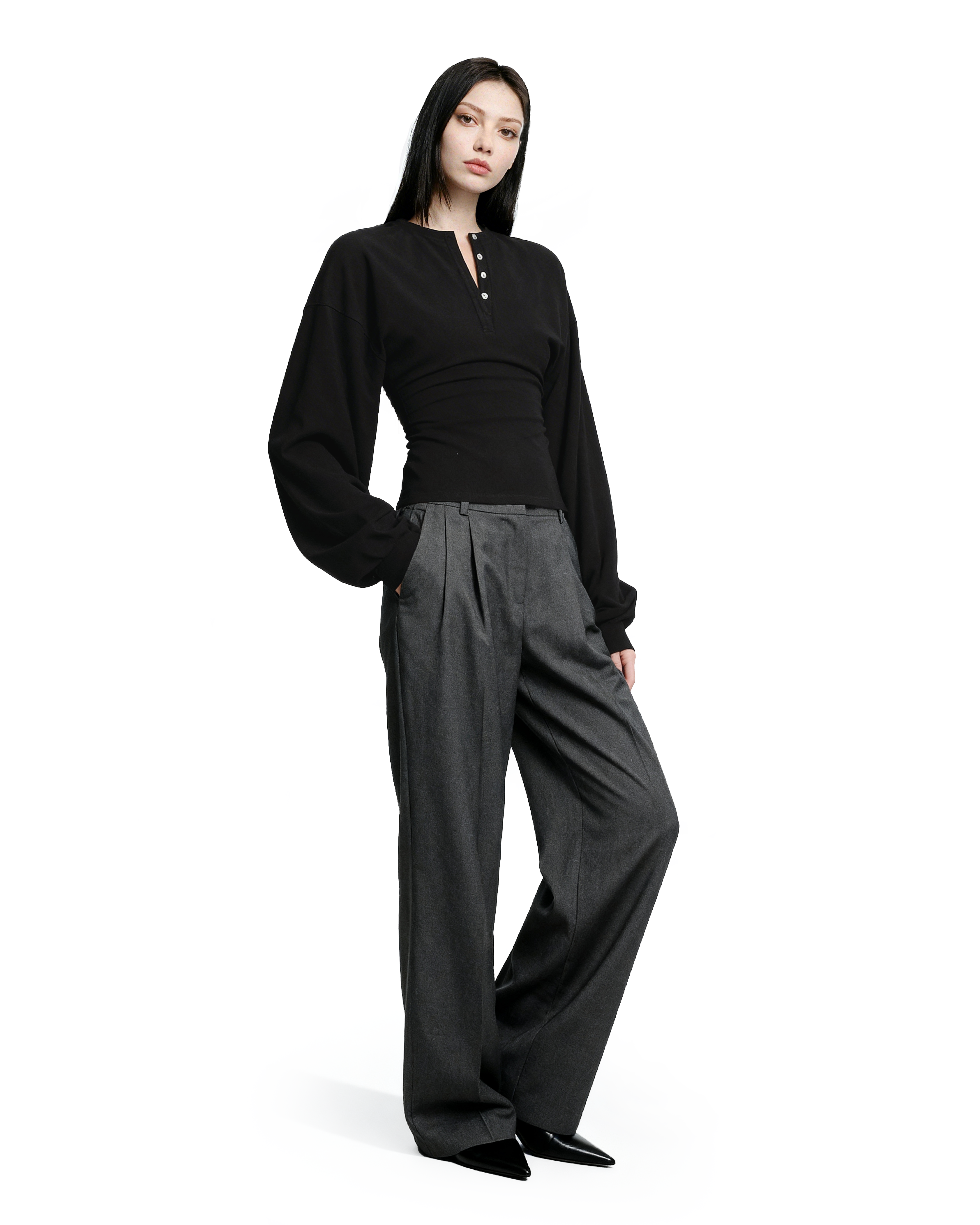 Henley Neck Cinch-Waisted T-Shirt With Balloon Sleeves - nightcity clothing