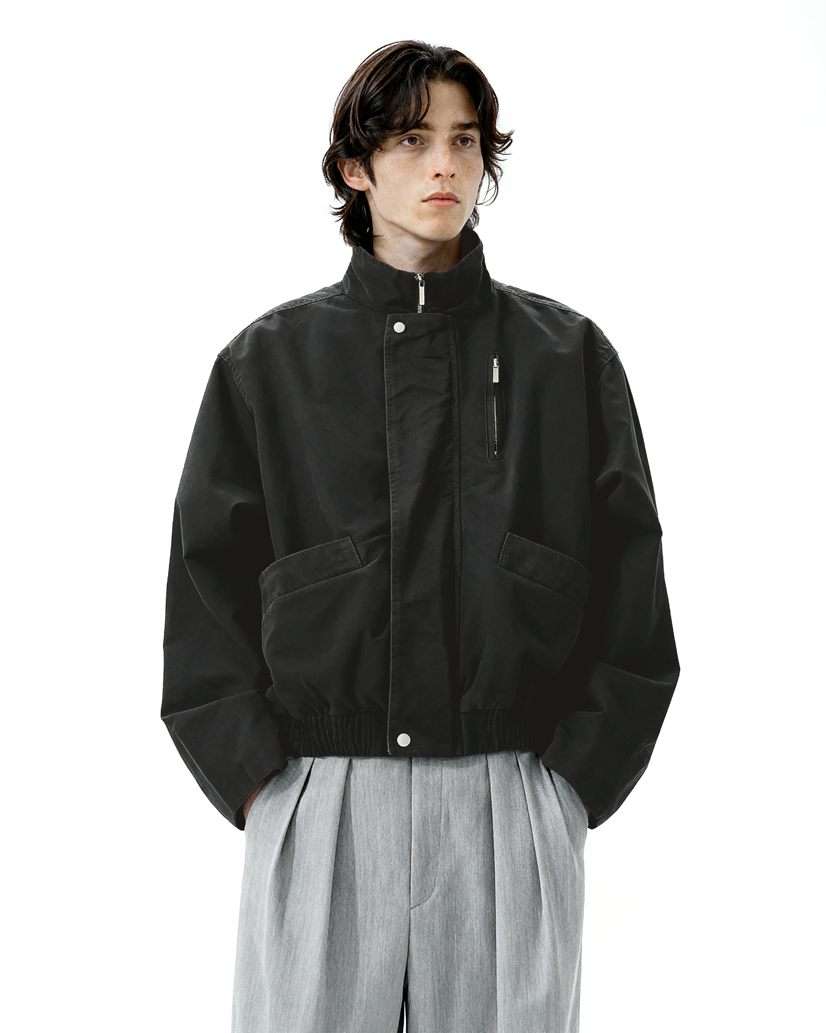 Boxy Zip-Up Stand Collar Worker Bomber Jacket - nightcity clothing