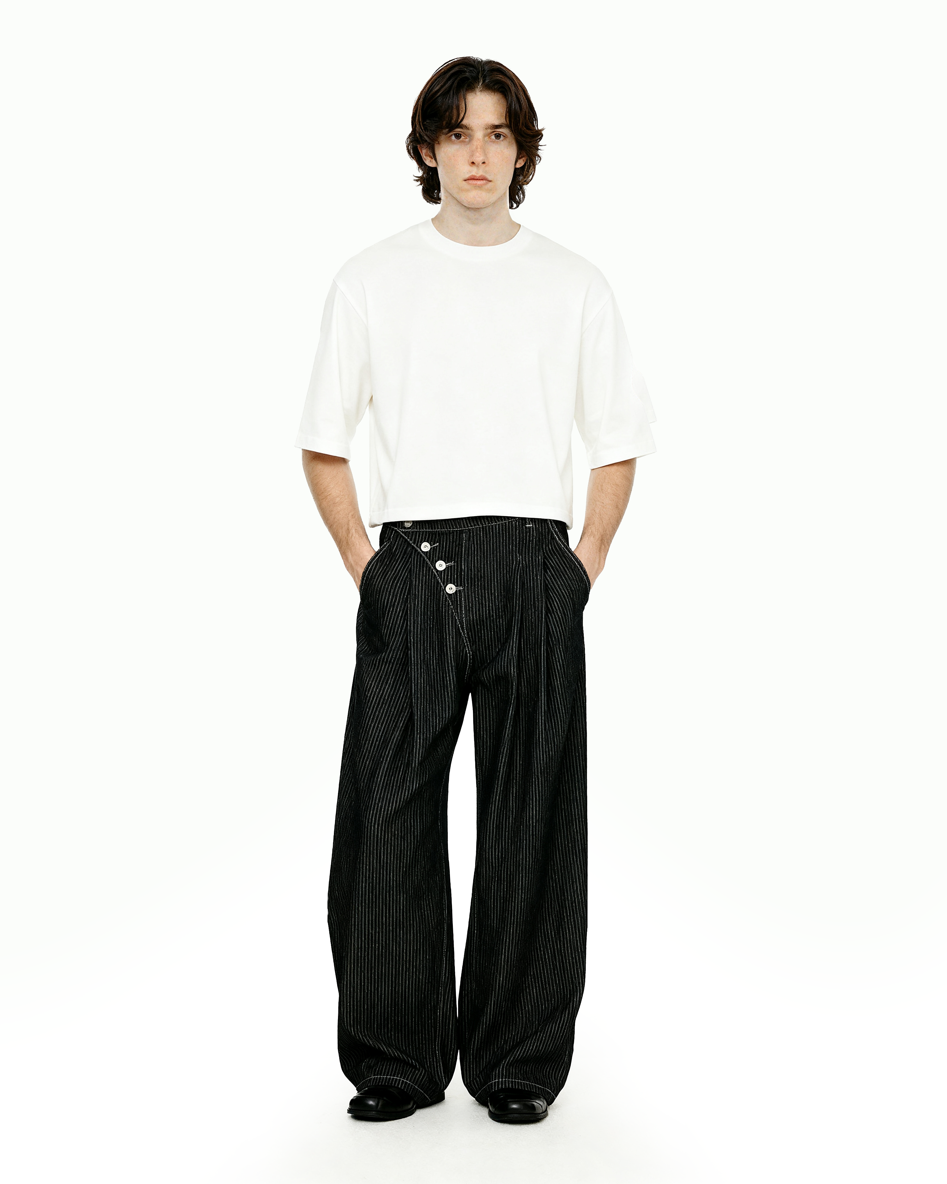 Pinstripe Pleated Wide Leg Asymmetric-Button Denim Jeans - nightcity clothing