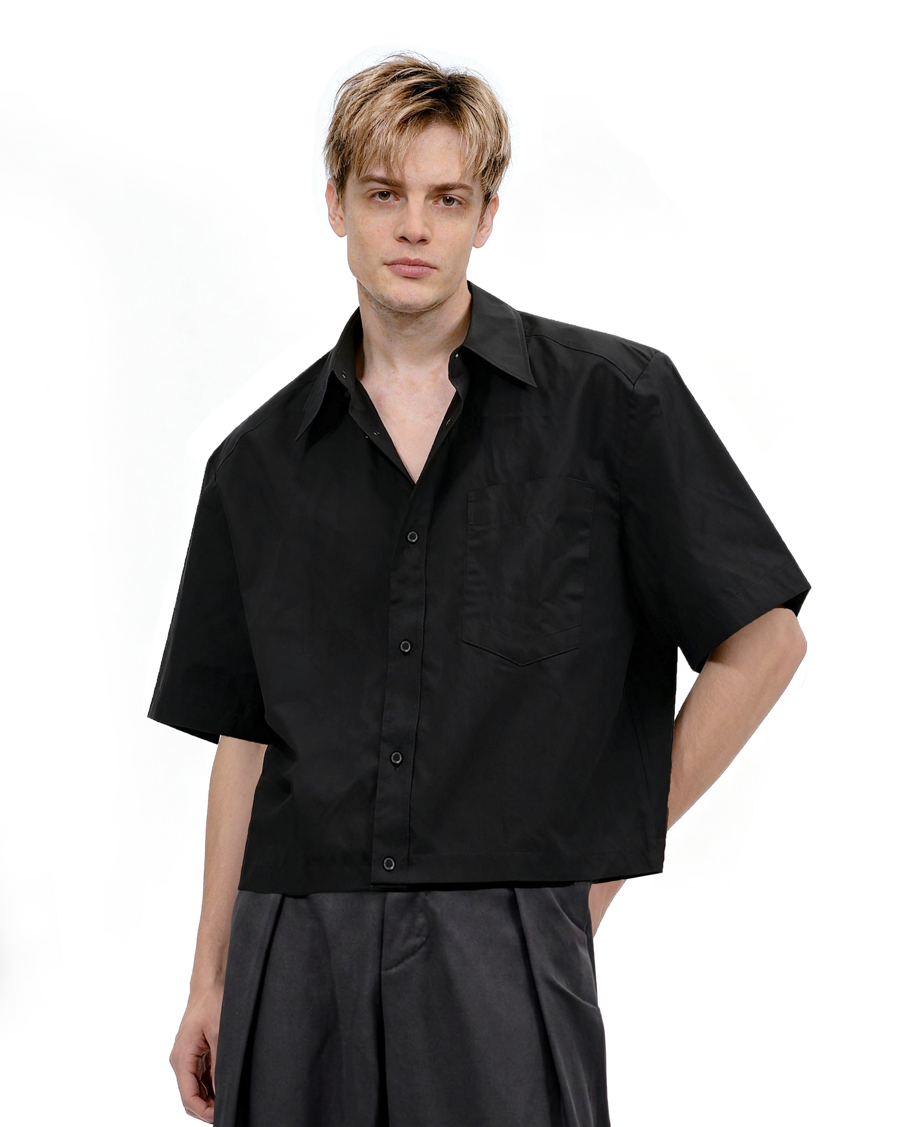 Oversized Short Sleeve Mid-Crop Shirt with Chest Pocket Detail-7