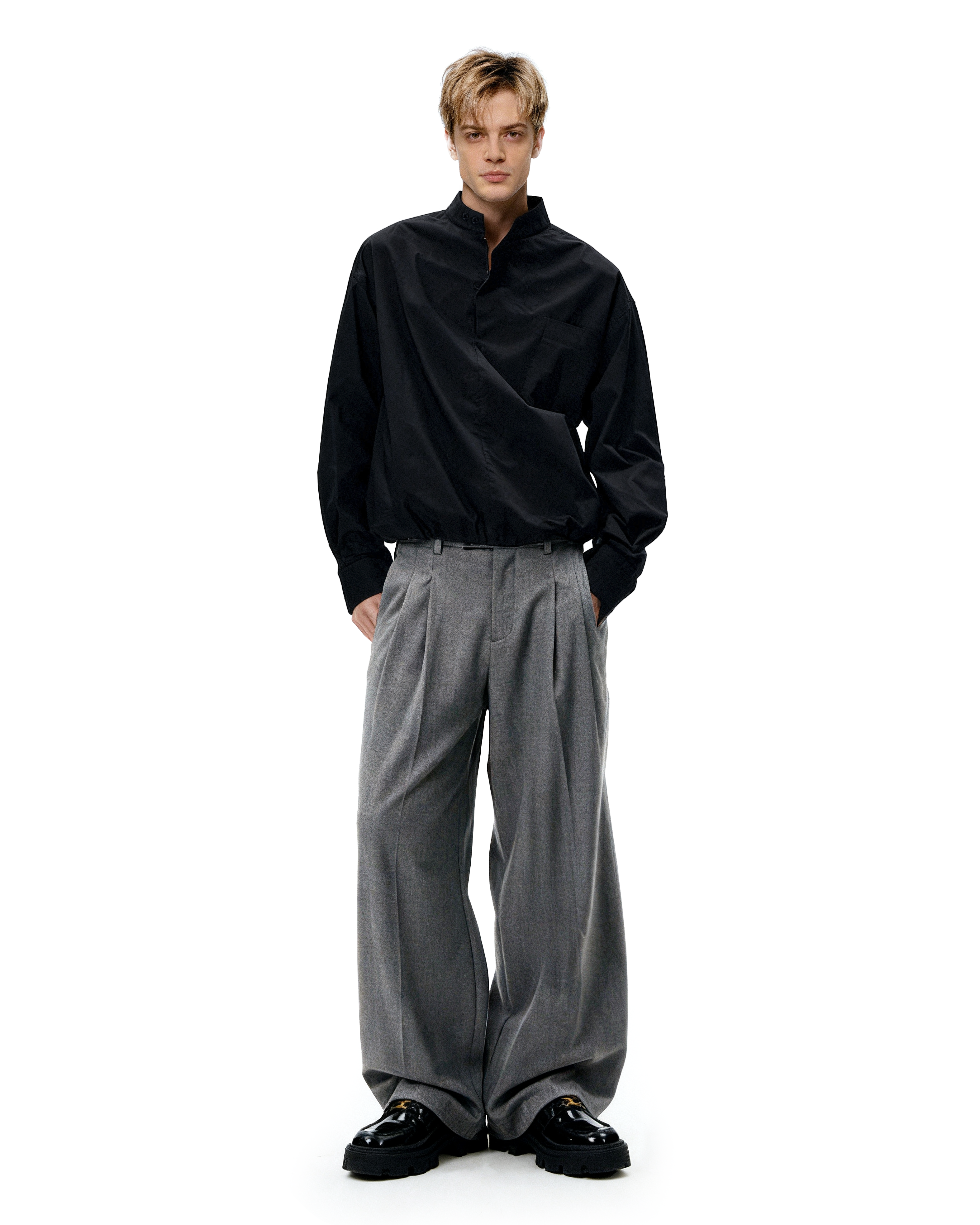Mandarin Collar Long Sleeve Popover Quarter-Zip Shirt-9