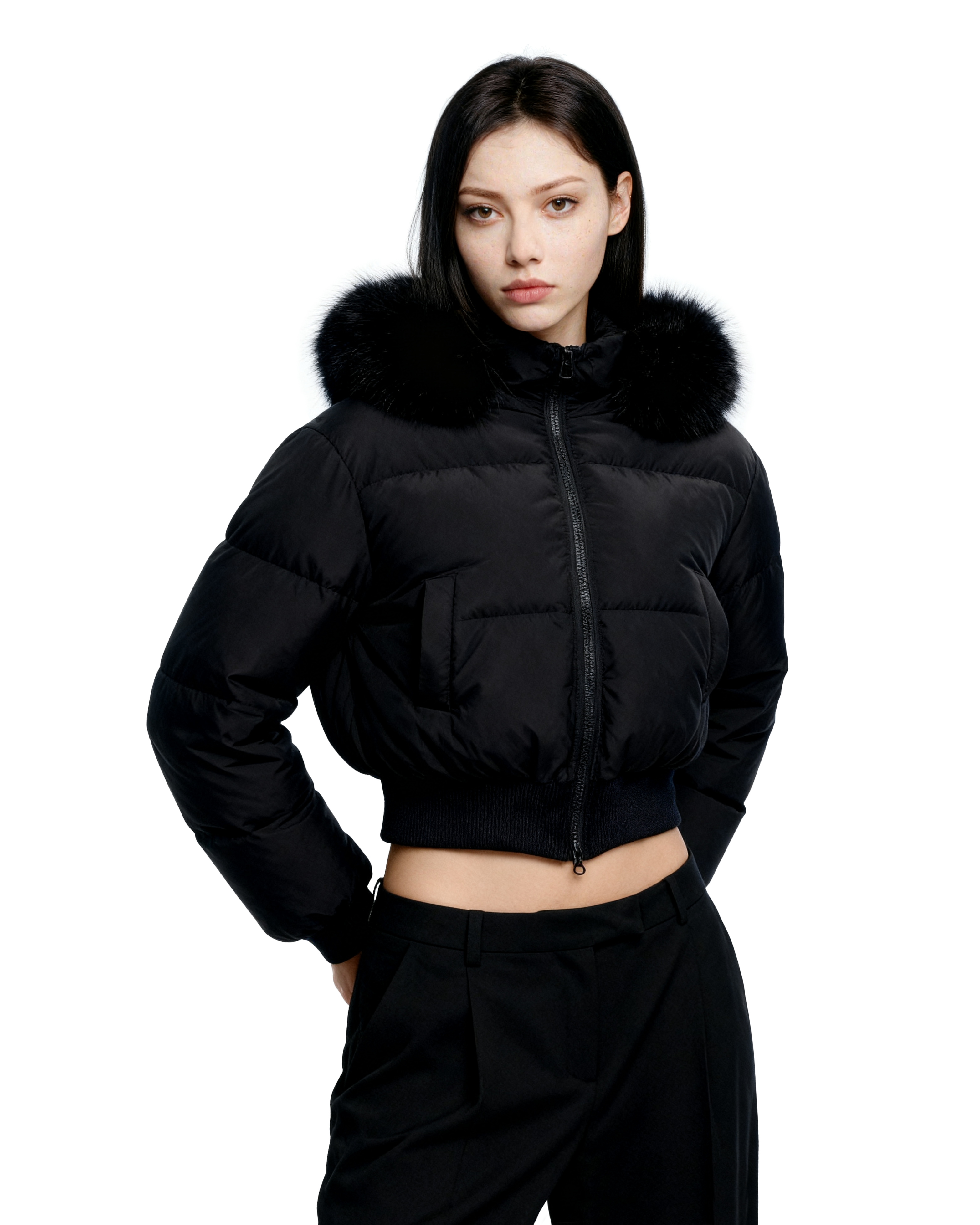 Crop Puffer Jacket with Detachable Faux Fur Hood Trim - nightcity clothing
