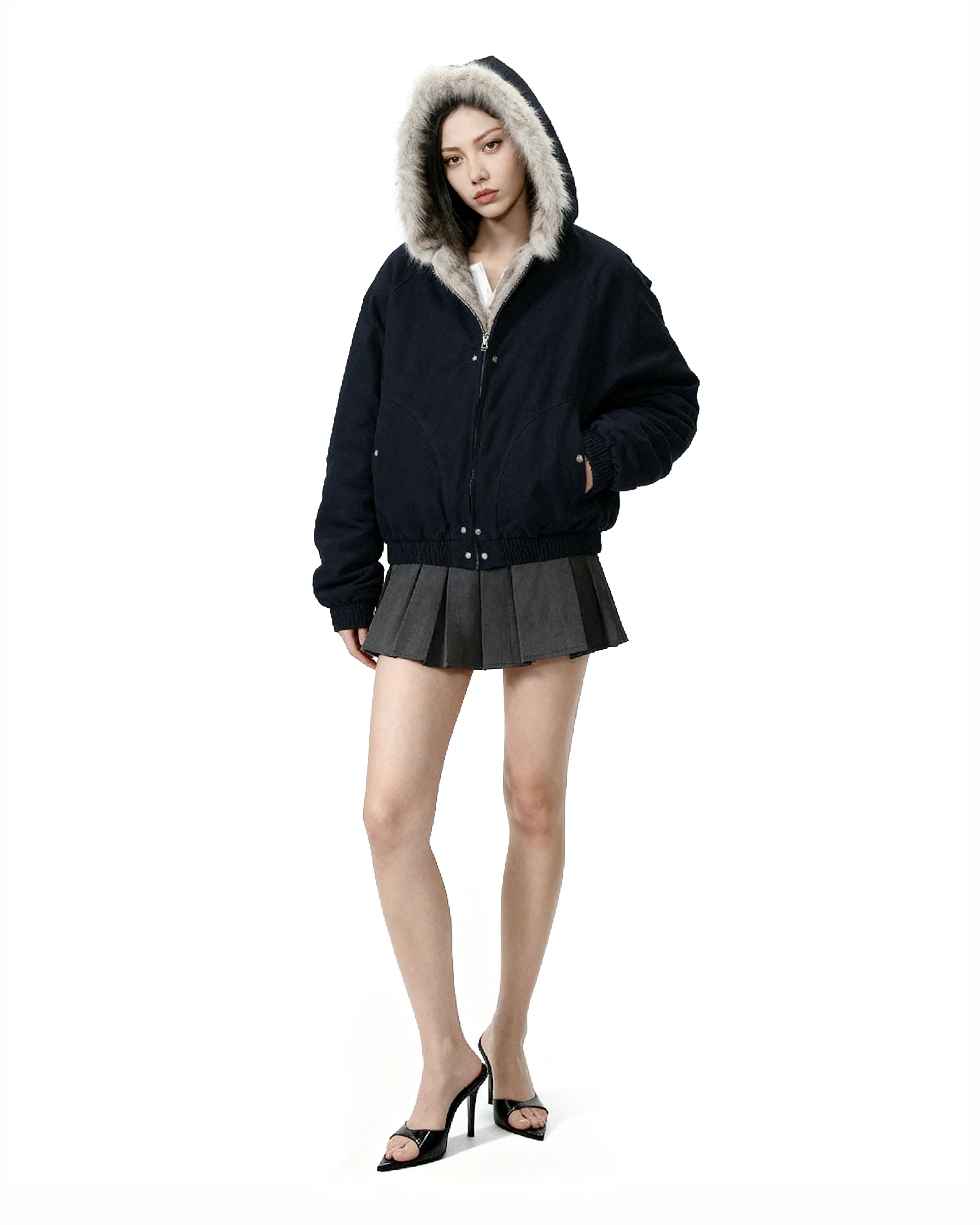 Oversized Faux Fur Lined Zip Jacket with Elastic Hem-6