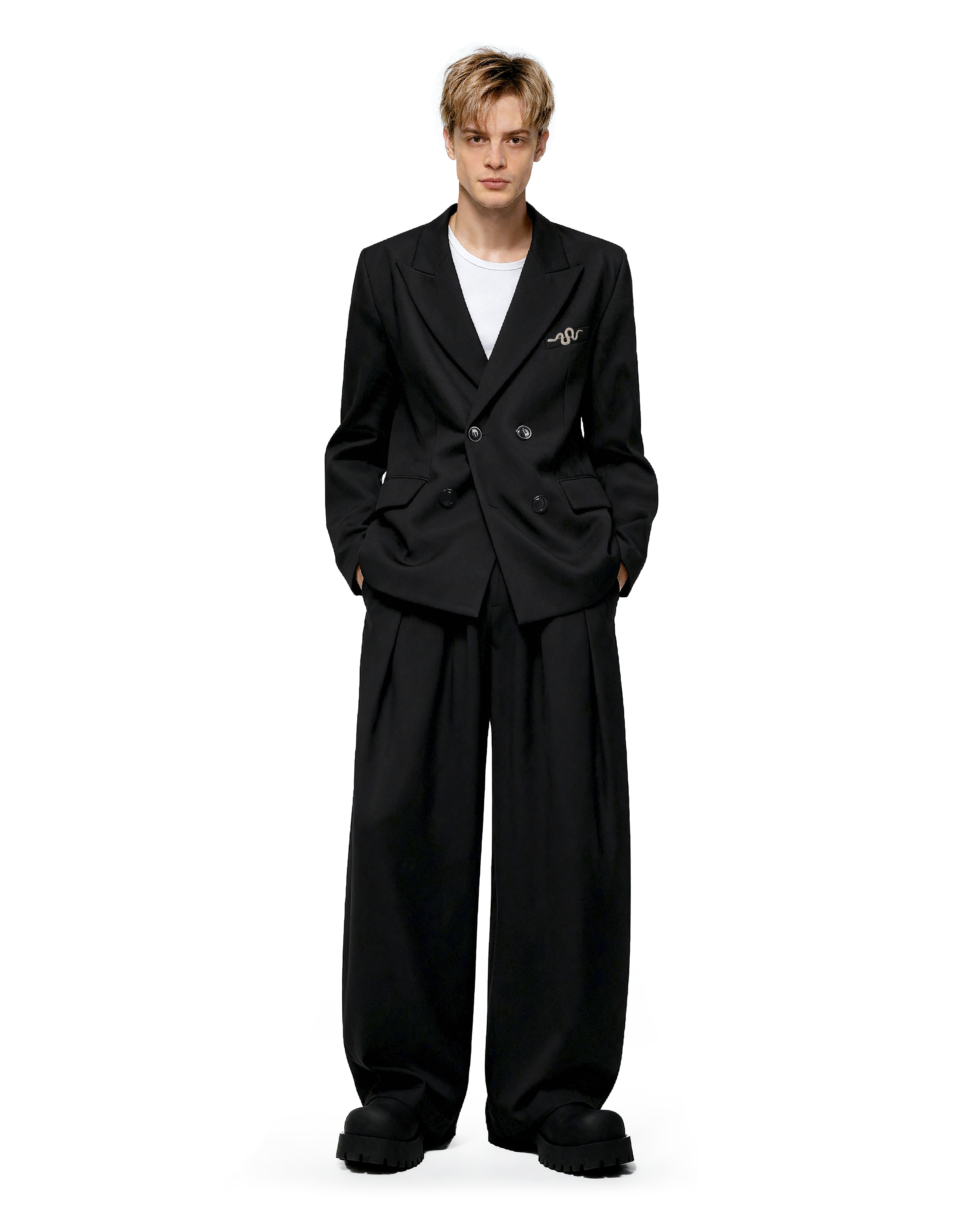 Oversized Snake-Brooch Wide Lapel Blazer and Pleated Pants Two-Piece Set-4