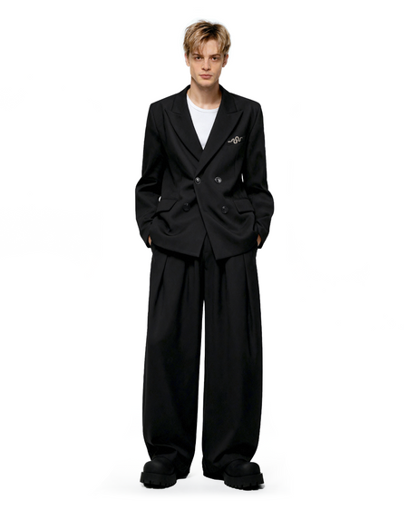 Oversized Snake-Brooch Wide Lapel Blazer and Pleated Pants Two-Piece Set