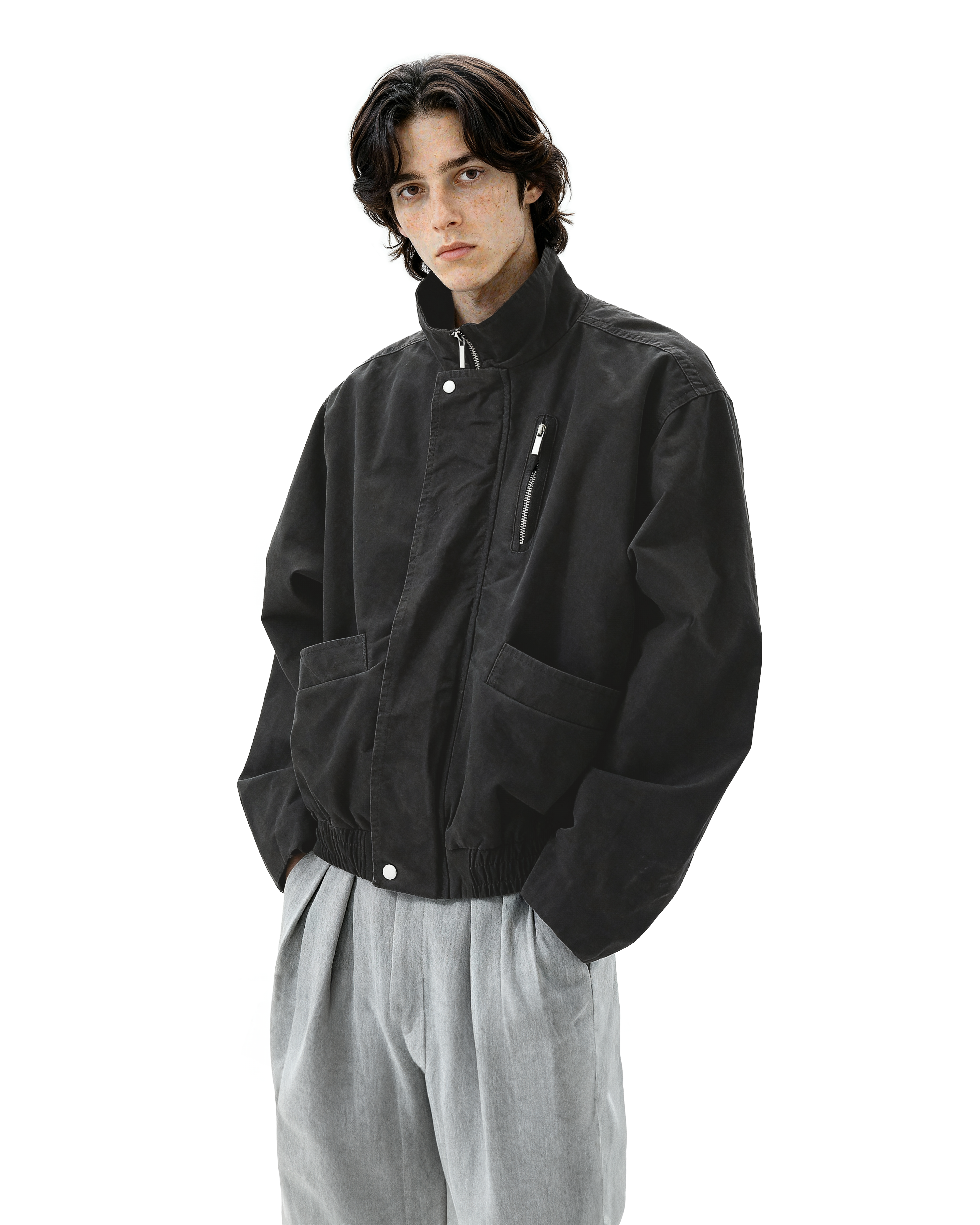 Boxy Zip-Up Stand Collar Worker Bomber Jacket - nightcity clothing