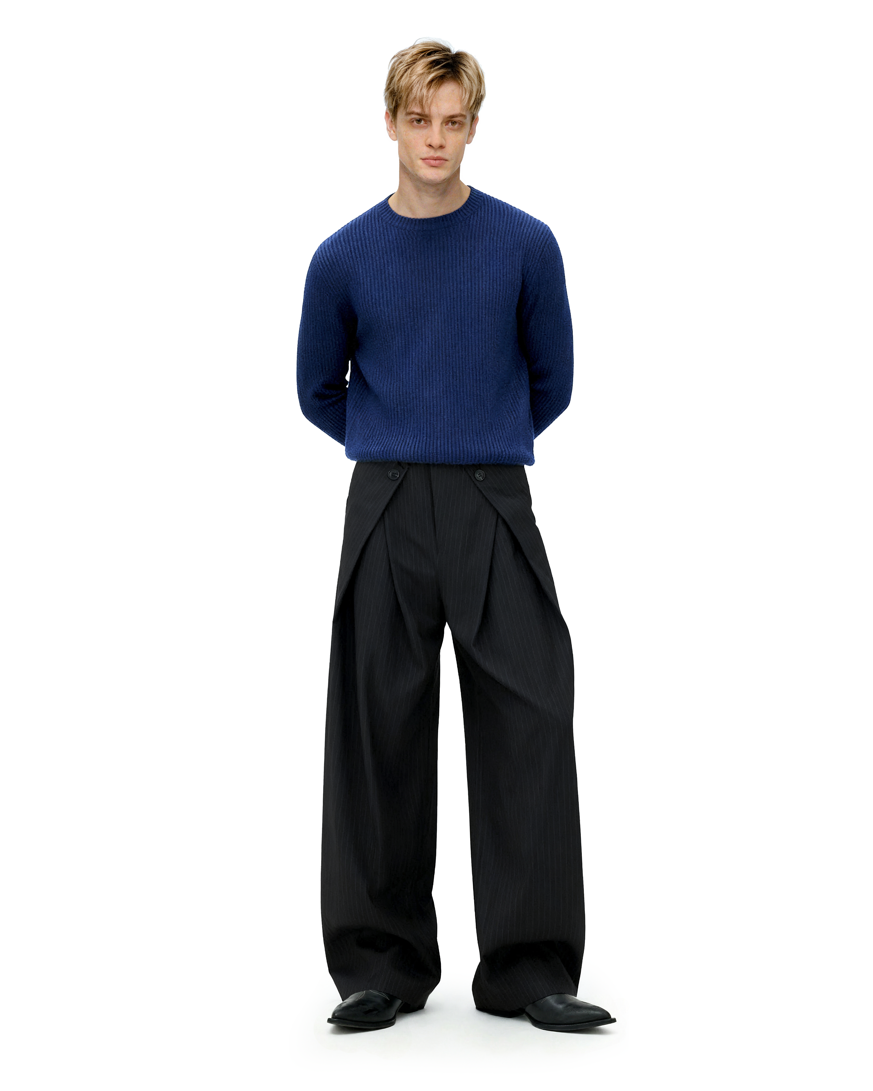Wide Leg Pinstripe Draped Double-Pleated Trousers - nightcity clothing