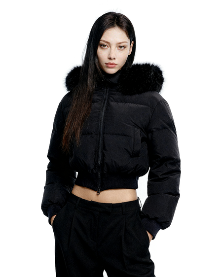 Crop Puffer Jacket with Detachable Faux Fur Hood Trim - nightcity clothing
