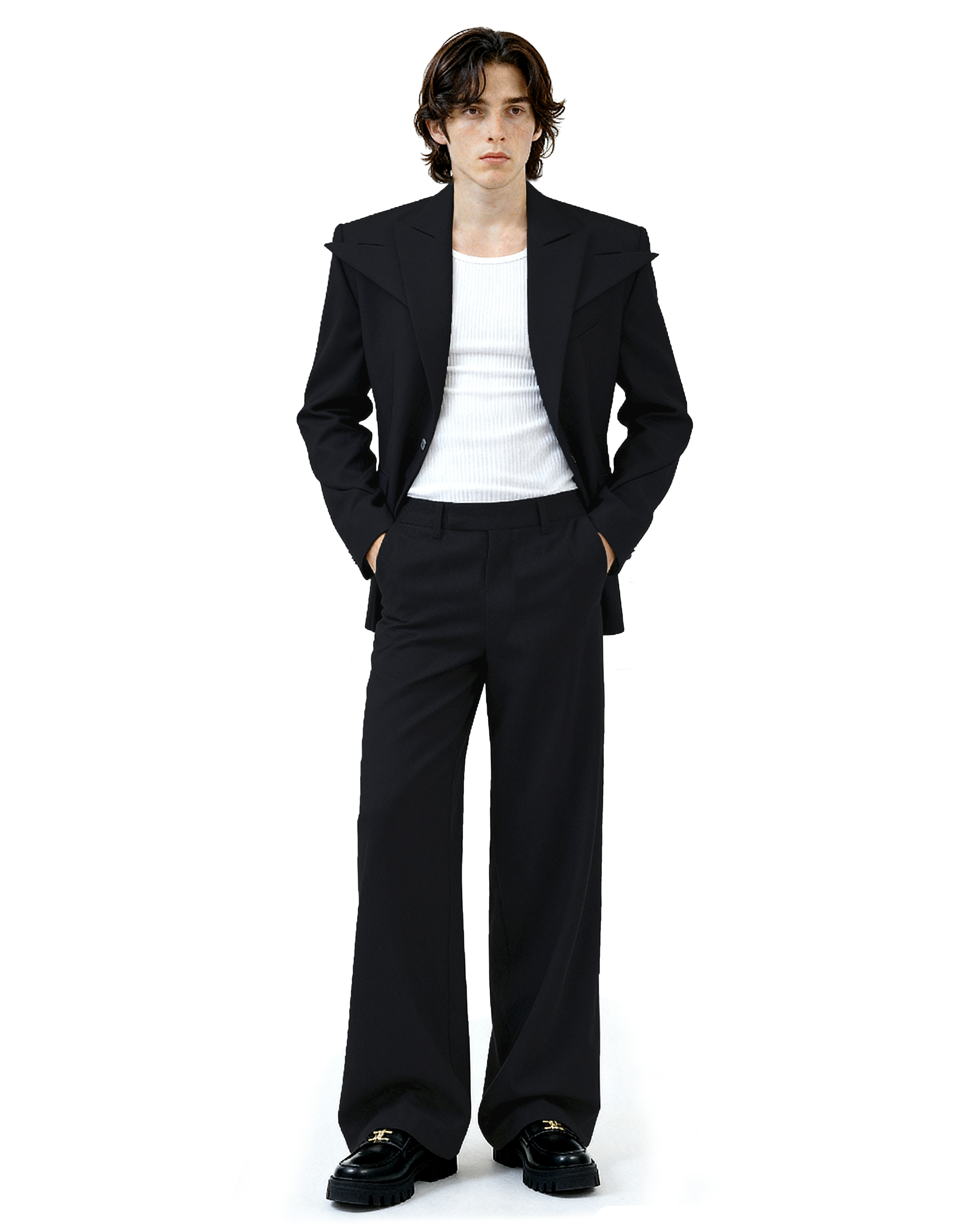 Structured Blazer with Extended Shoulder Lapels and Wide Leg Pants-12