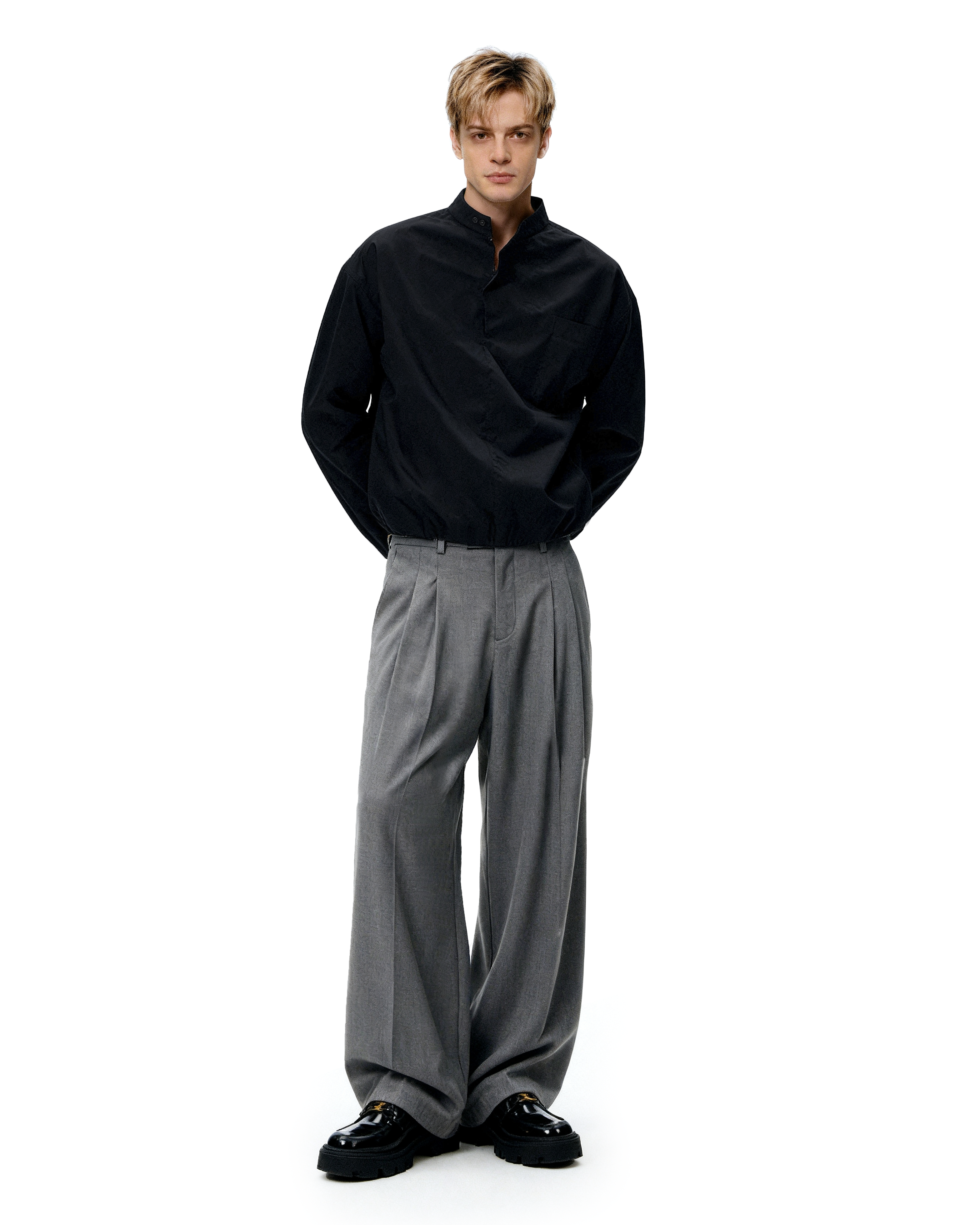 Mandarin Collar Long Sleeve Popover Quarter-Zip Shirt-10