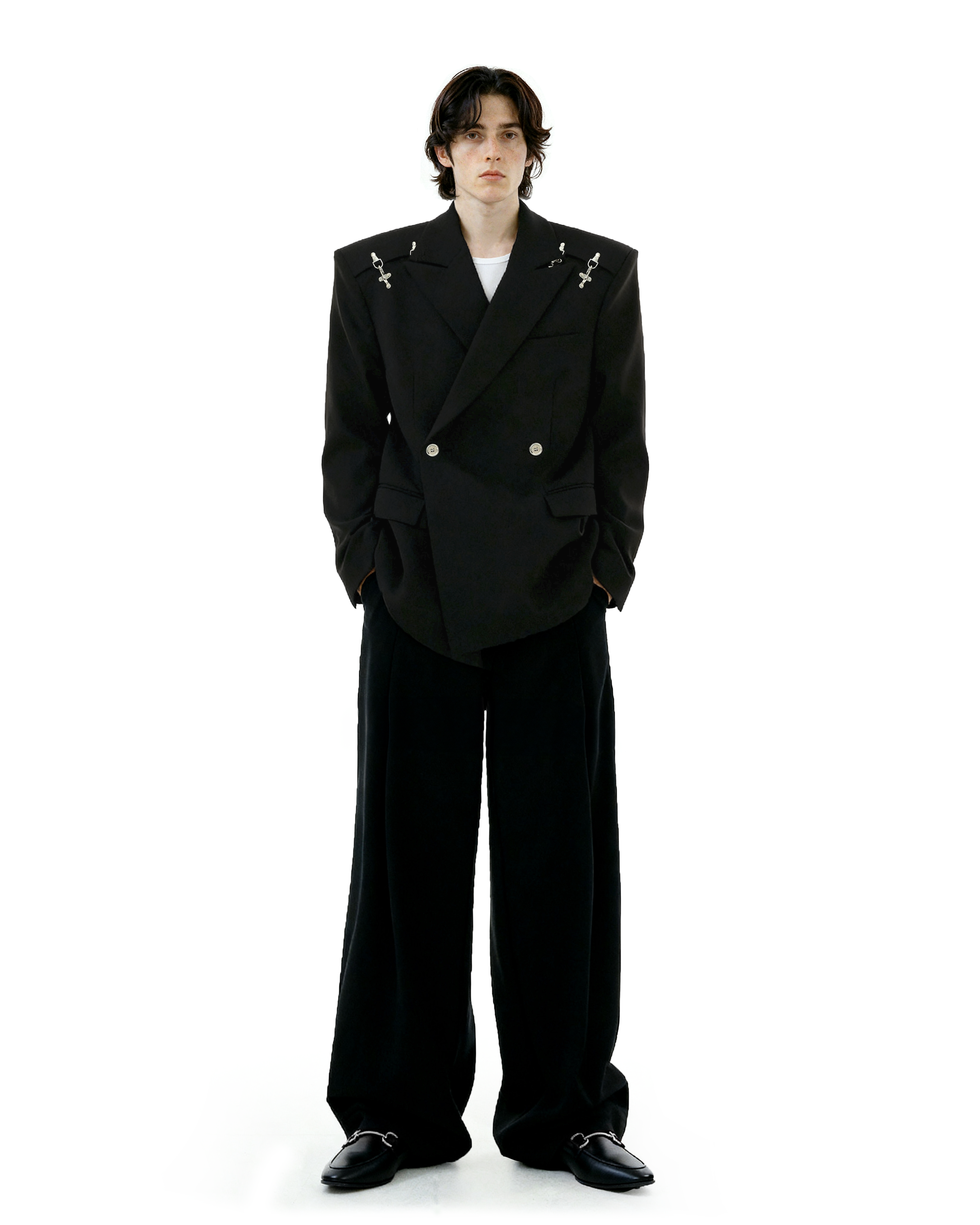 Oversized Double-Breasted Blazer with Peak Lapels and Silver Accents-6