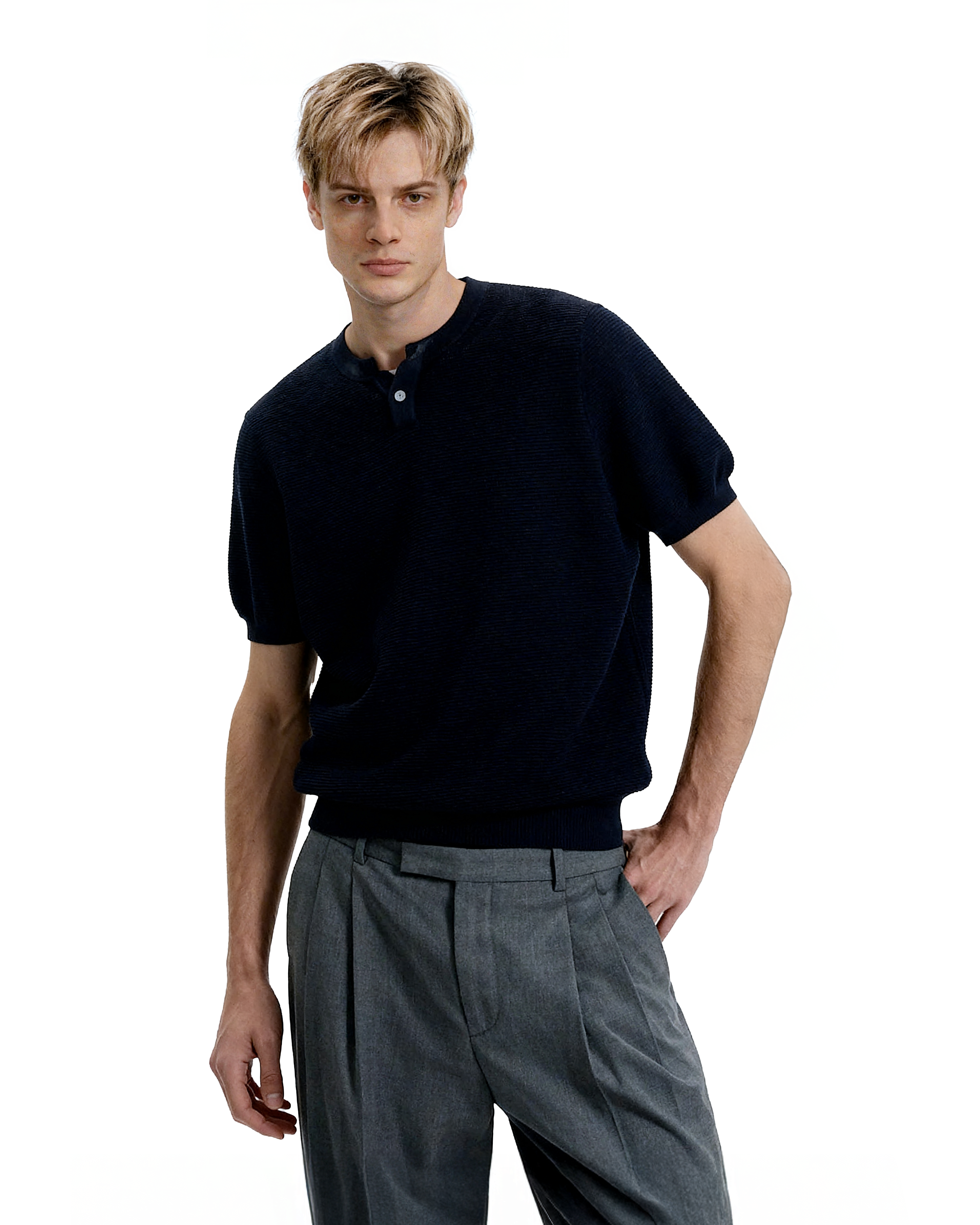 Waffle Textured Short Sleeve Henley Knit Lightweight Top - nightcity clothing
