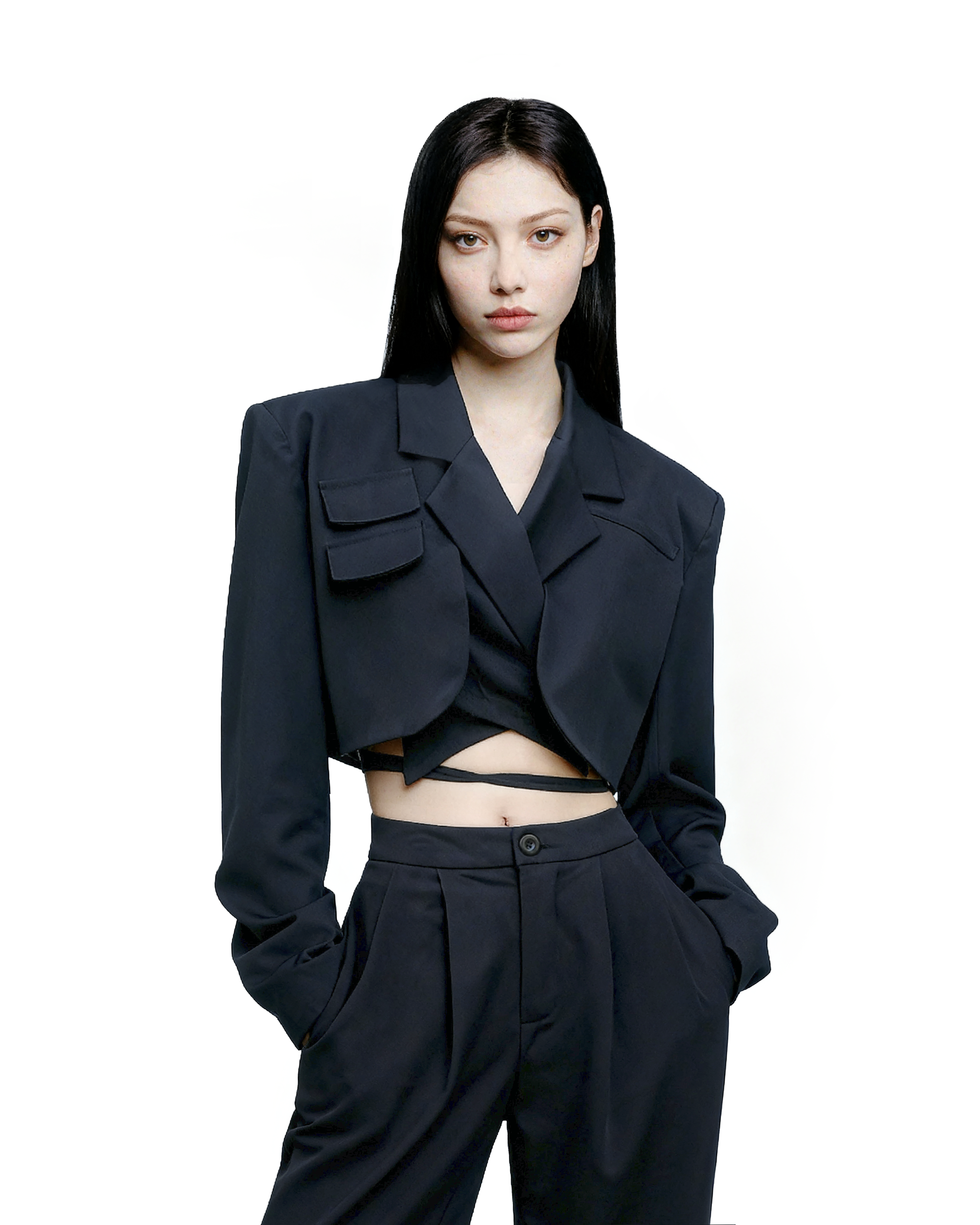Slim Cropped Blazer with Rounded Hem Two-Piece Suit Set-3