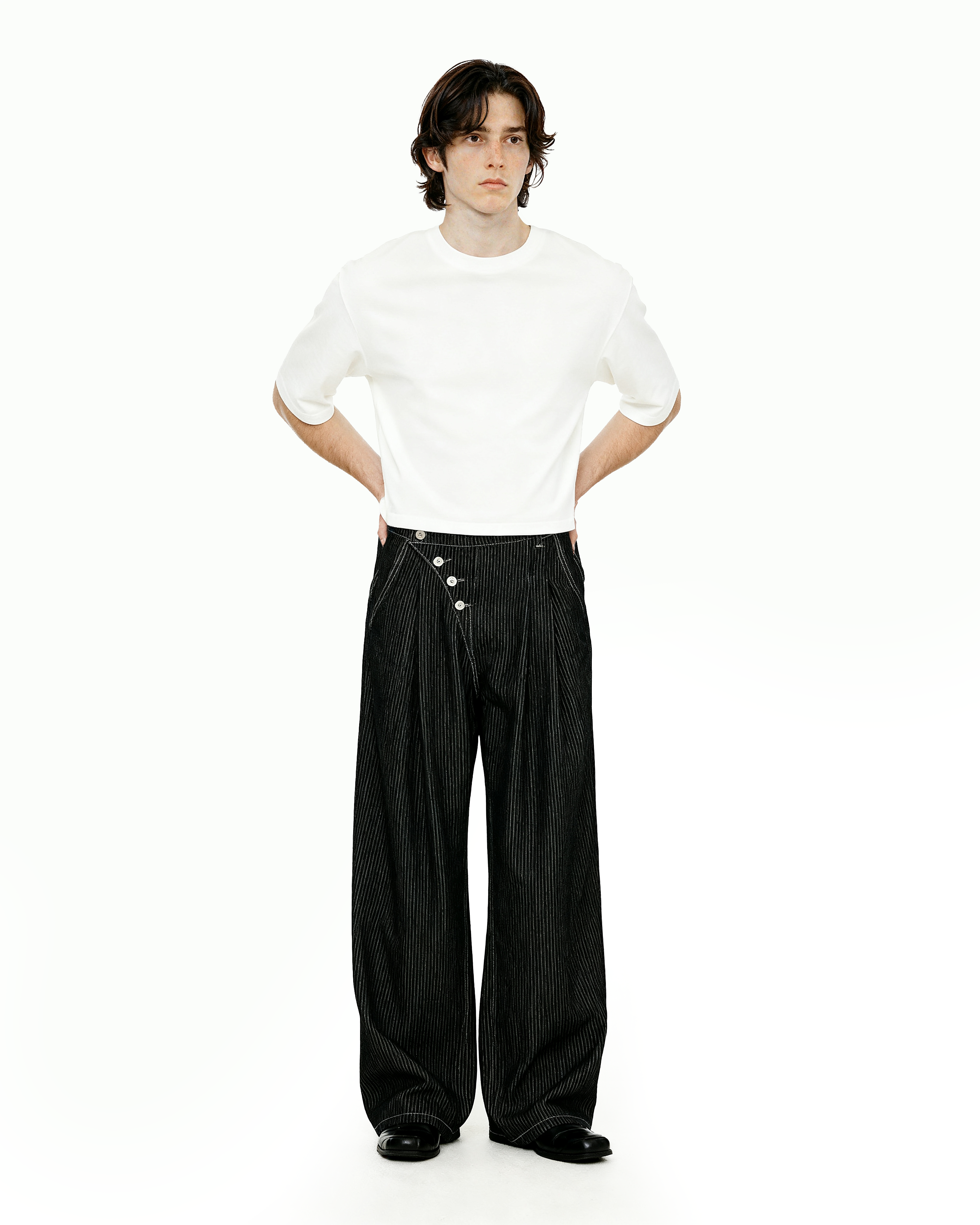 Pinstripe Pleated Wide Leg Asymmetric-Button Denim Jeans - nightcity clothing