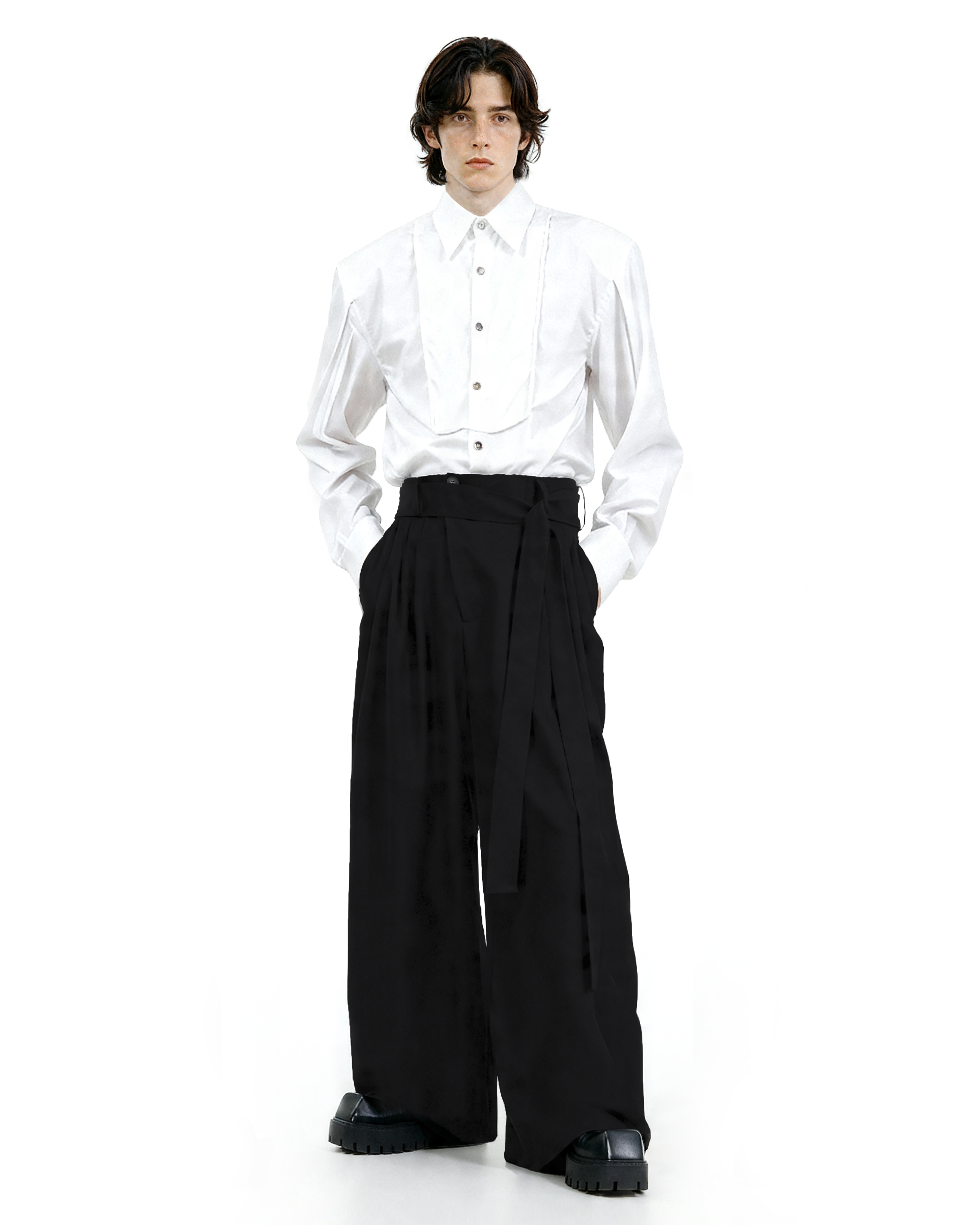 Wide Leg Belted Trousers with Pleat Detail-3