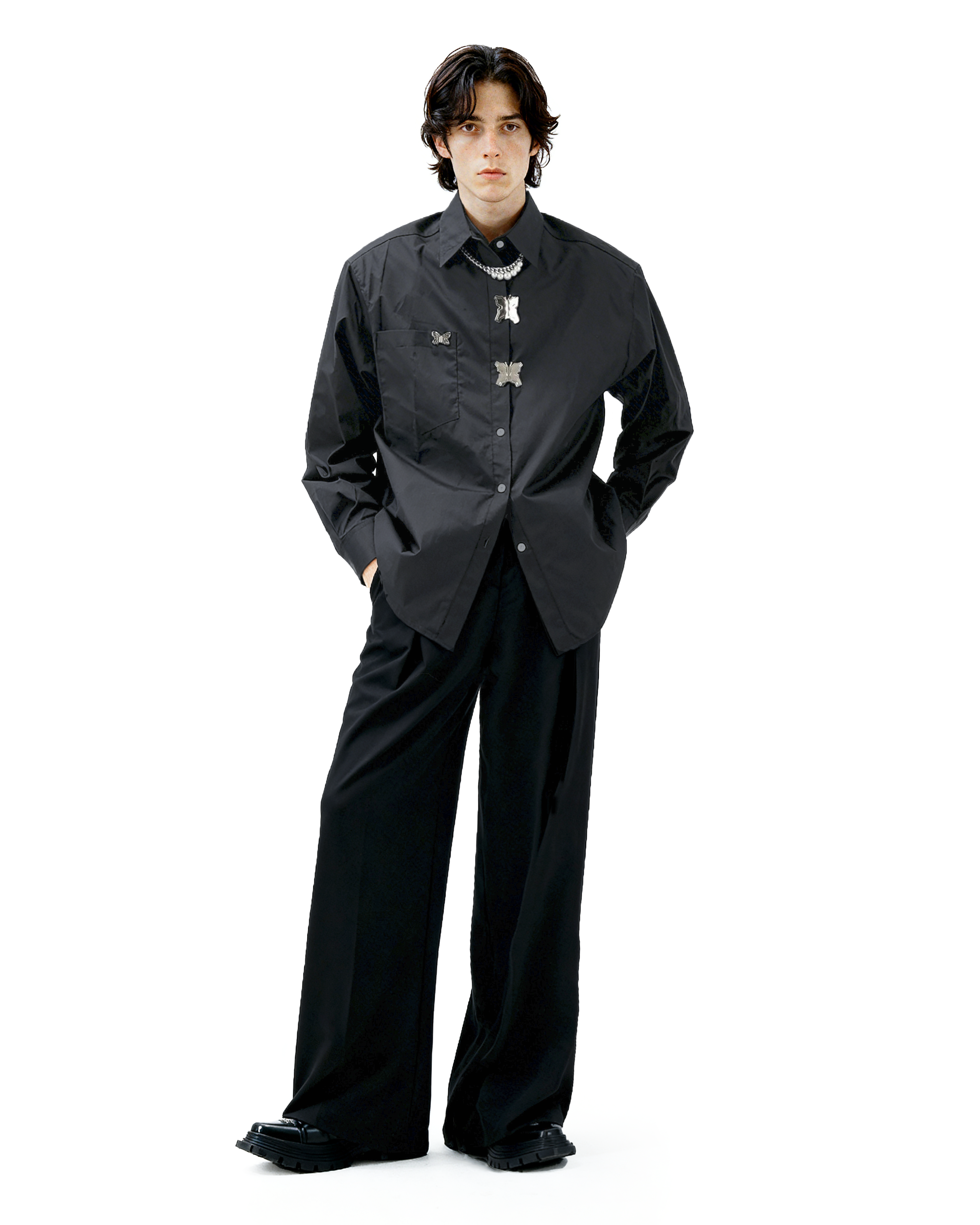 Oversized Shirt with Metallic Brooch Accents - nightcity clothing