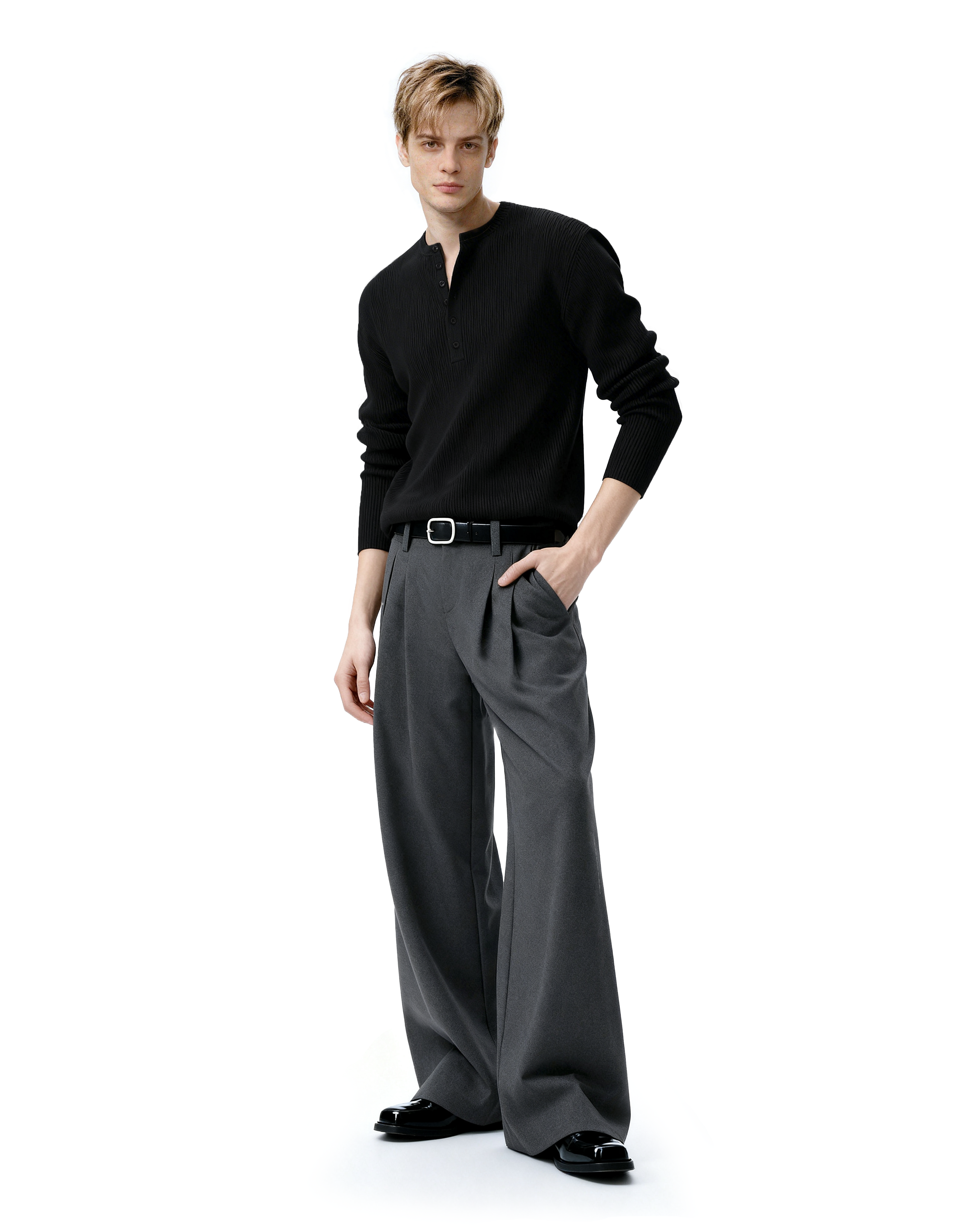 Ribbed Knit Henley Sweatshirt with Button Neckline - nightcity clothing