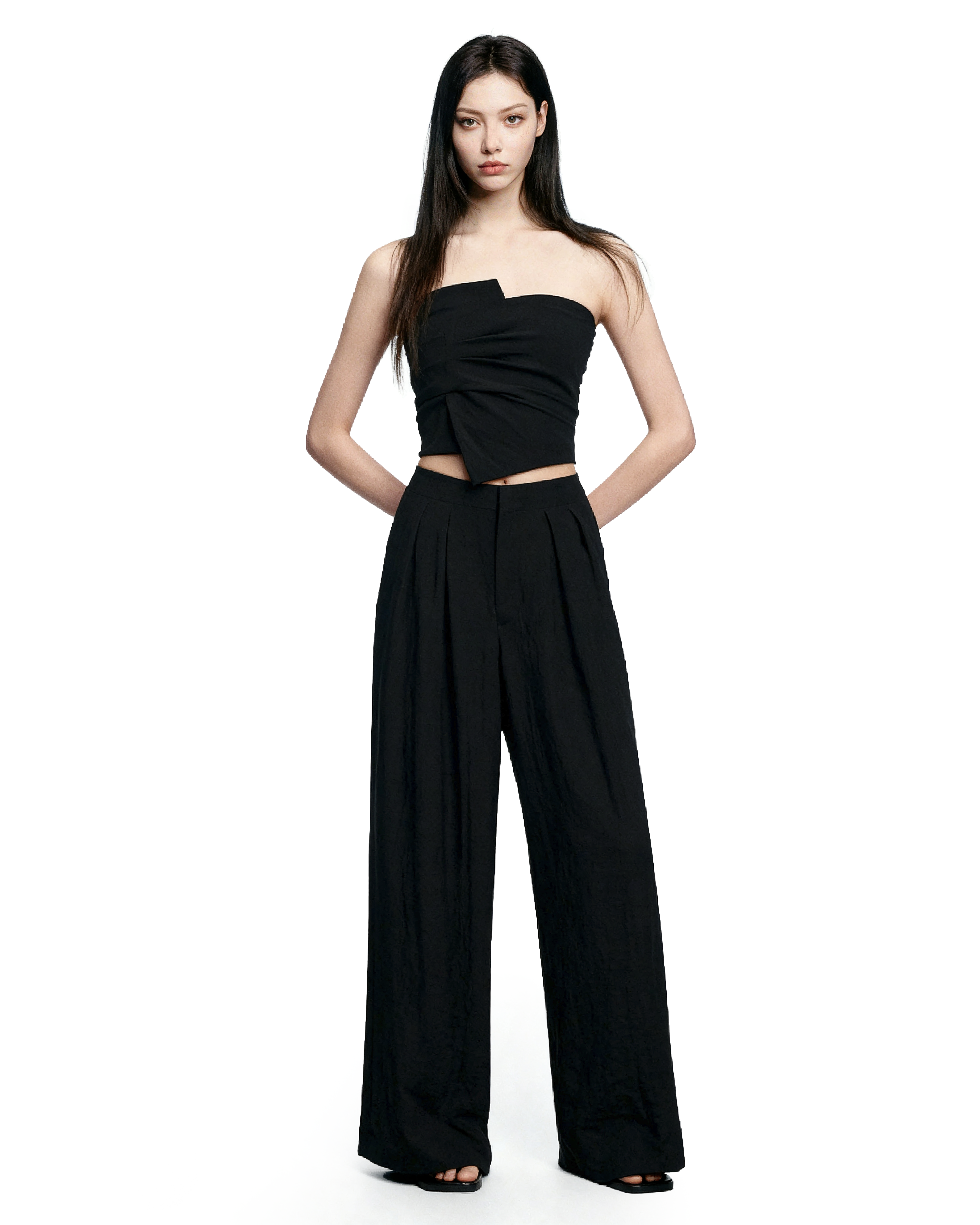 Strapless Asymmetric Top and Wide Leg Pleated Pant Two-Piece Set - nightcity clothing