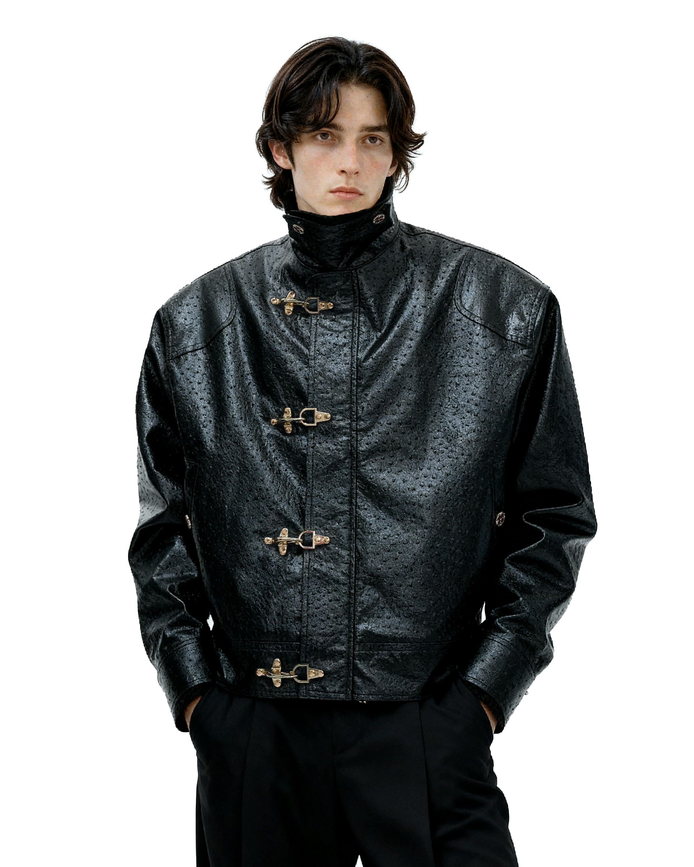 Faux Leather Textured Fireman-Clasp Boxy Jacket - nightcity clothing