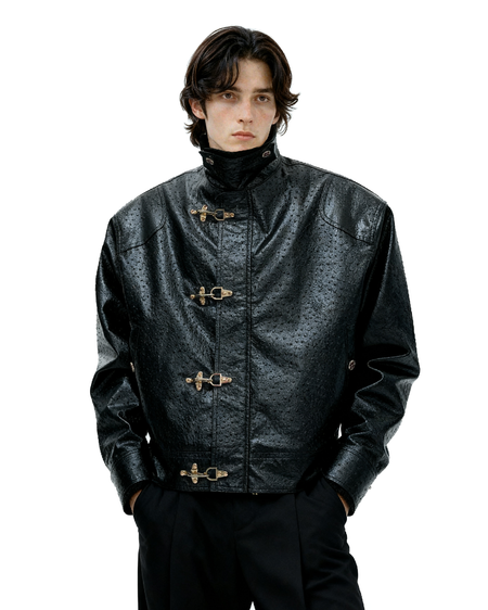 Faux Leather Textured Fireman-Clasp Boxy Jacket - nightcity clothing