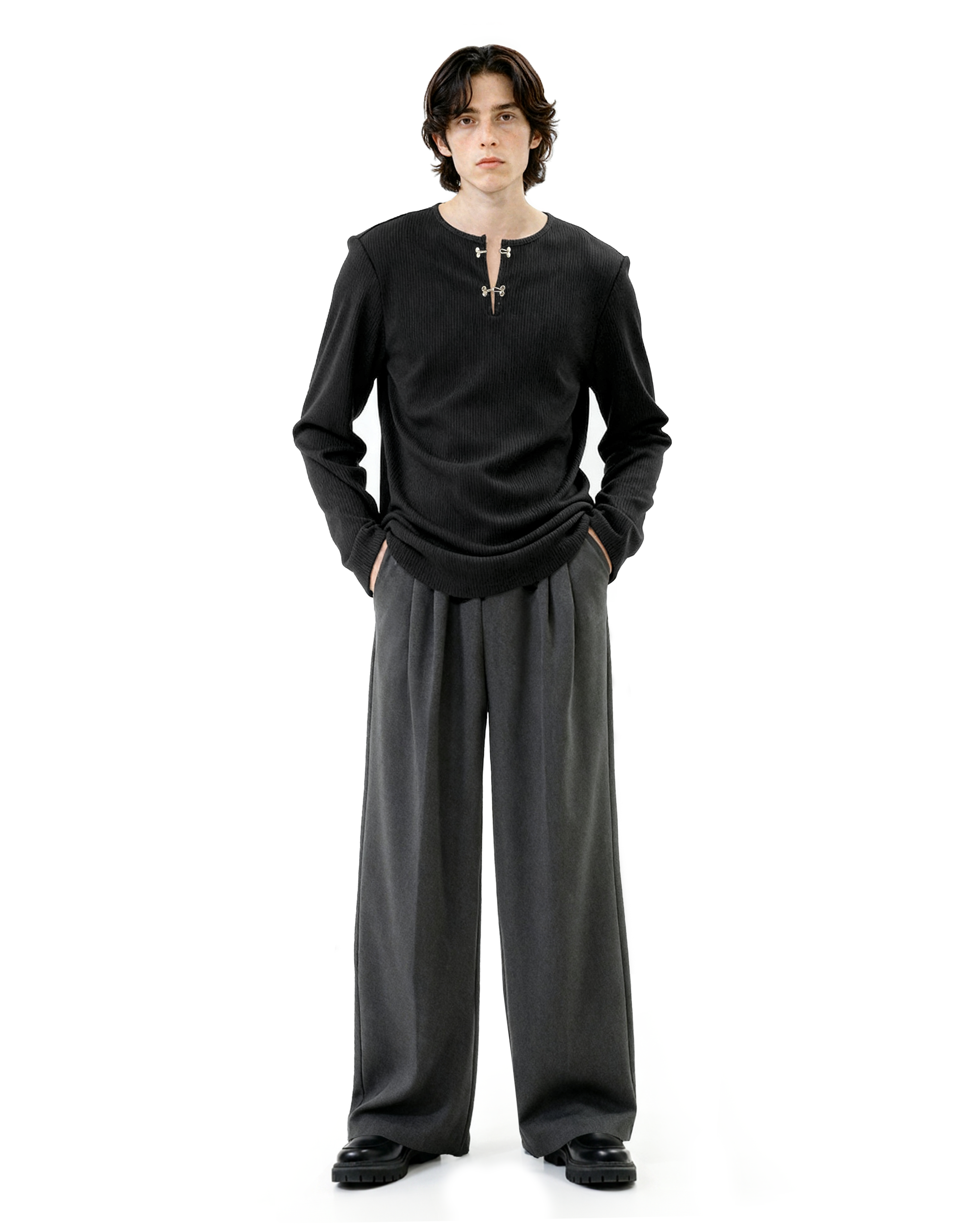 Ribbed Metal-Clasp Hook Henley Long Sleeve Tee - nightcity clothing