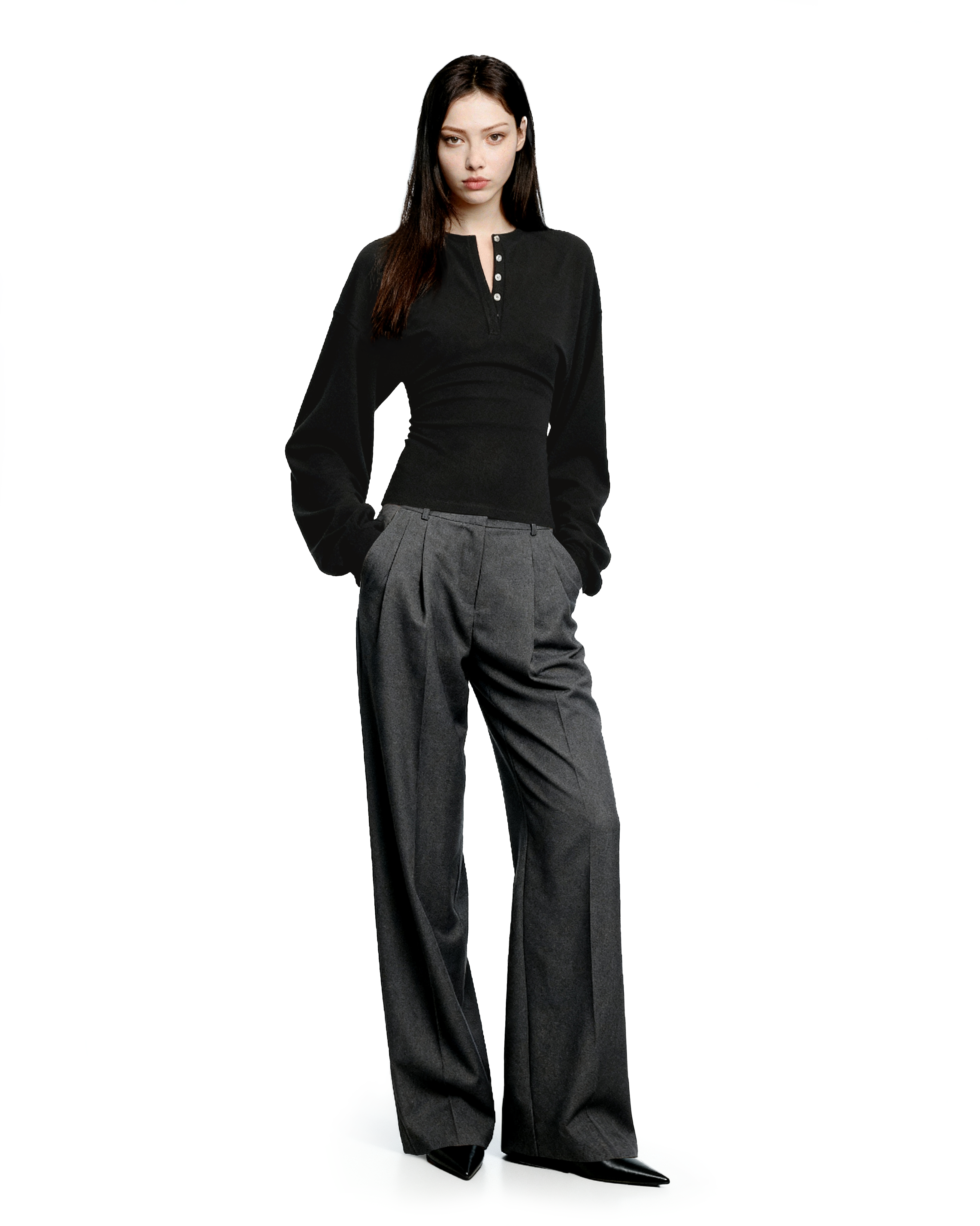 Henley Neck Cinch-Waisted T-Shirt With Balloon Sleeves - nightcity clothing