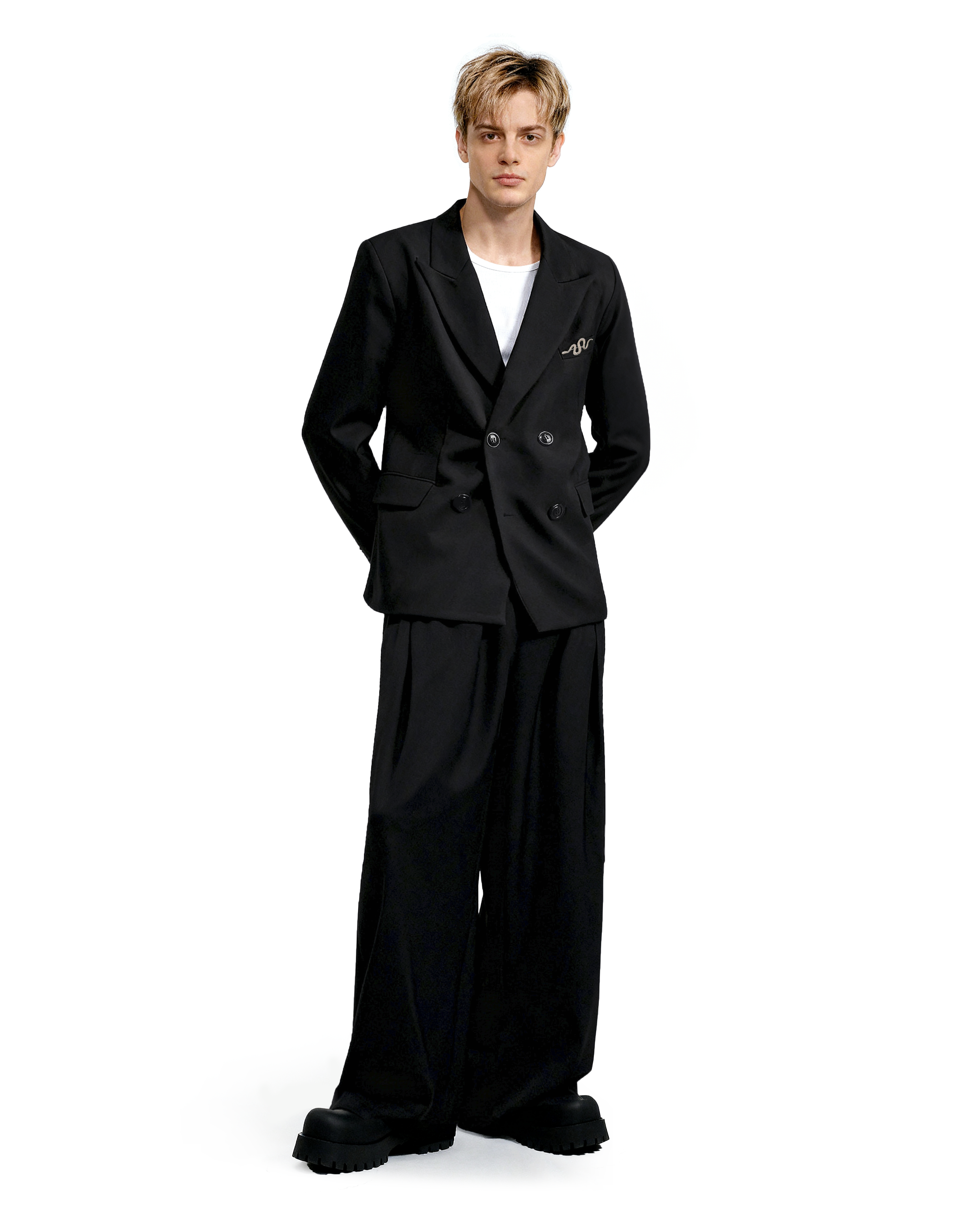 Oversized Snake-Brooch Wide Lapel Blazer and Pleated Pants Two-Piece Set-5