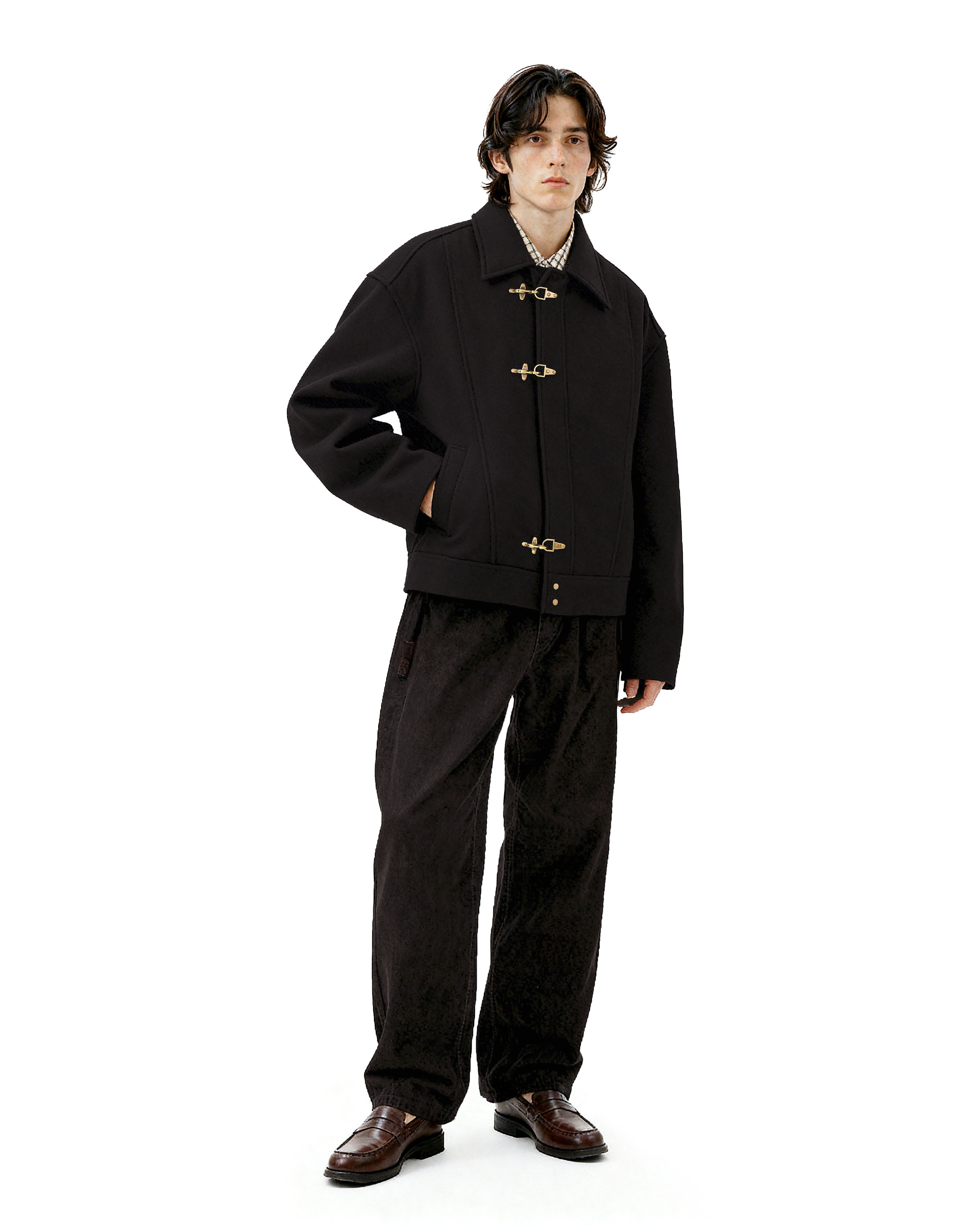 Wool-Blend Drop Shoulder Fireman Clasp Collared Jacket - nightcity clothing