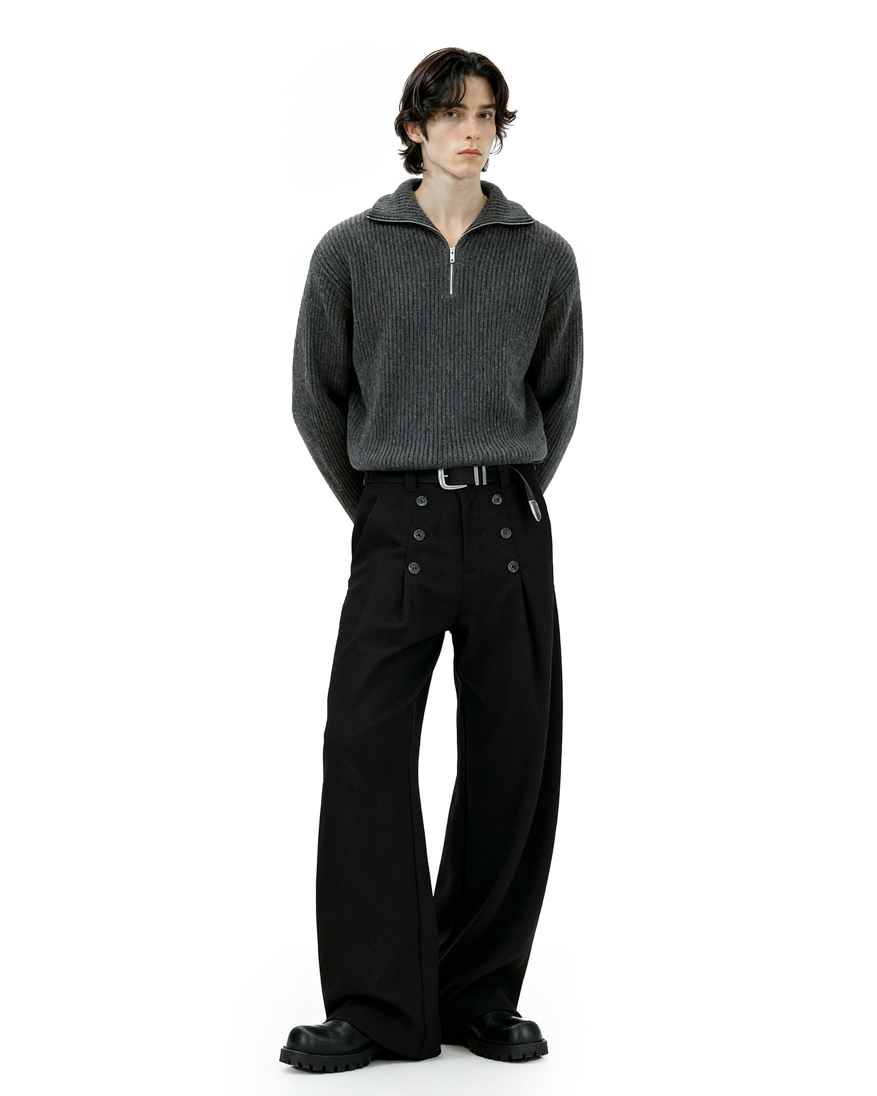 High-Waisted Pleated Wide Leg Trousers with Button Details-9