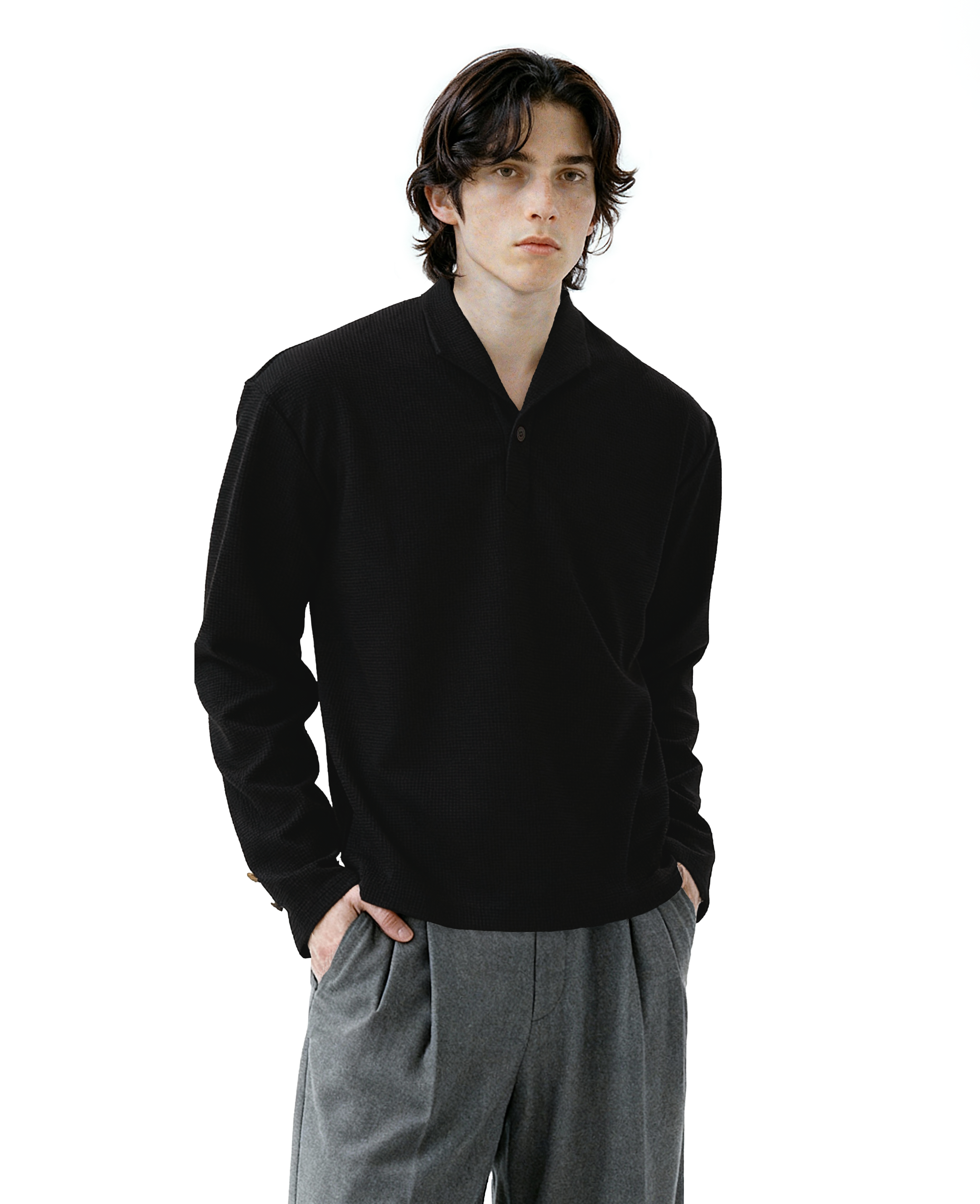 Waffle Knit Half-Button Long Sleeve Polo Top - nightcity clothing